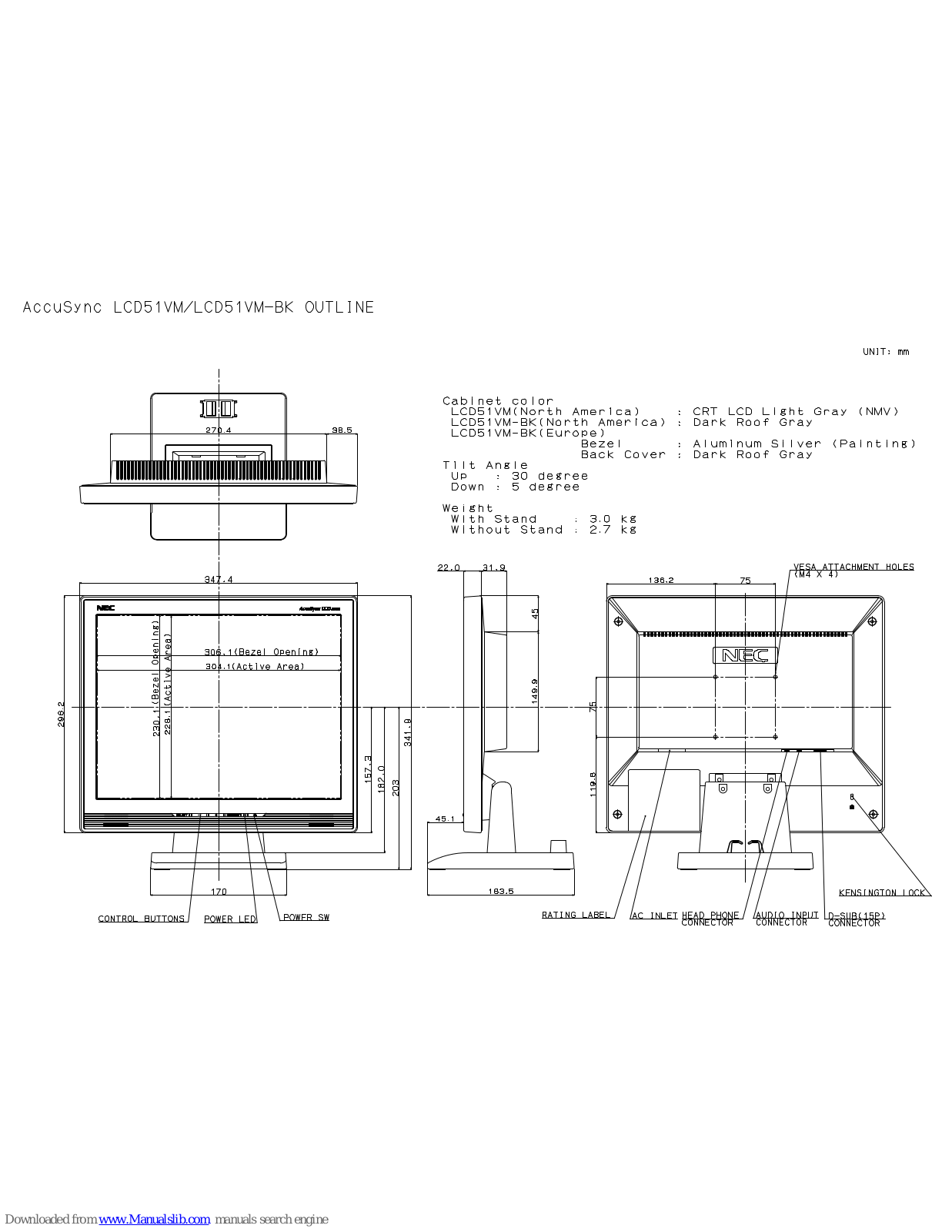 NEC AccuSync LCD51VM, AccuSync LCD51VM-BK Dimensional Drawing