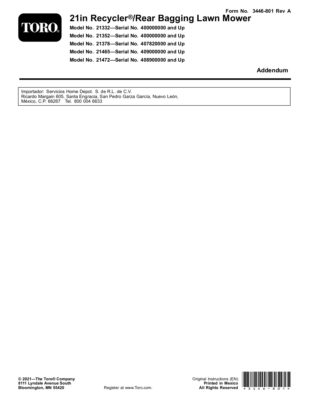 Toro 21332 Addendum
