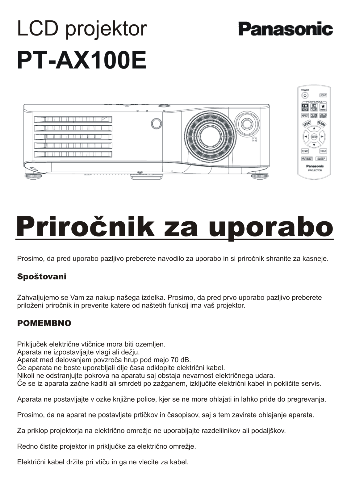 Panasonic PT-AX100E User Manual