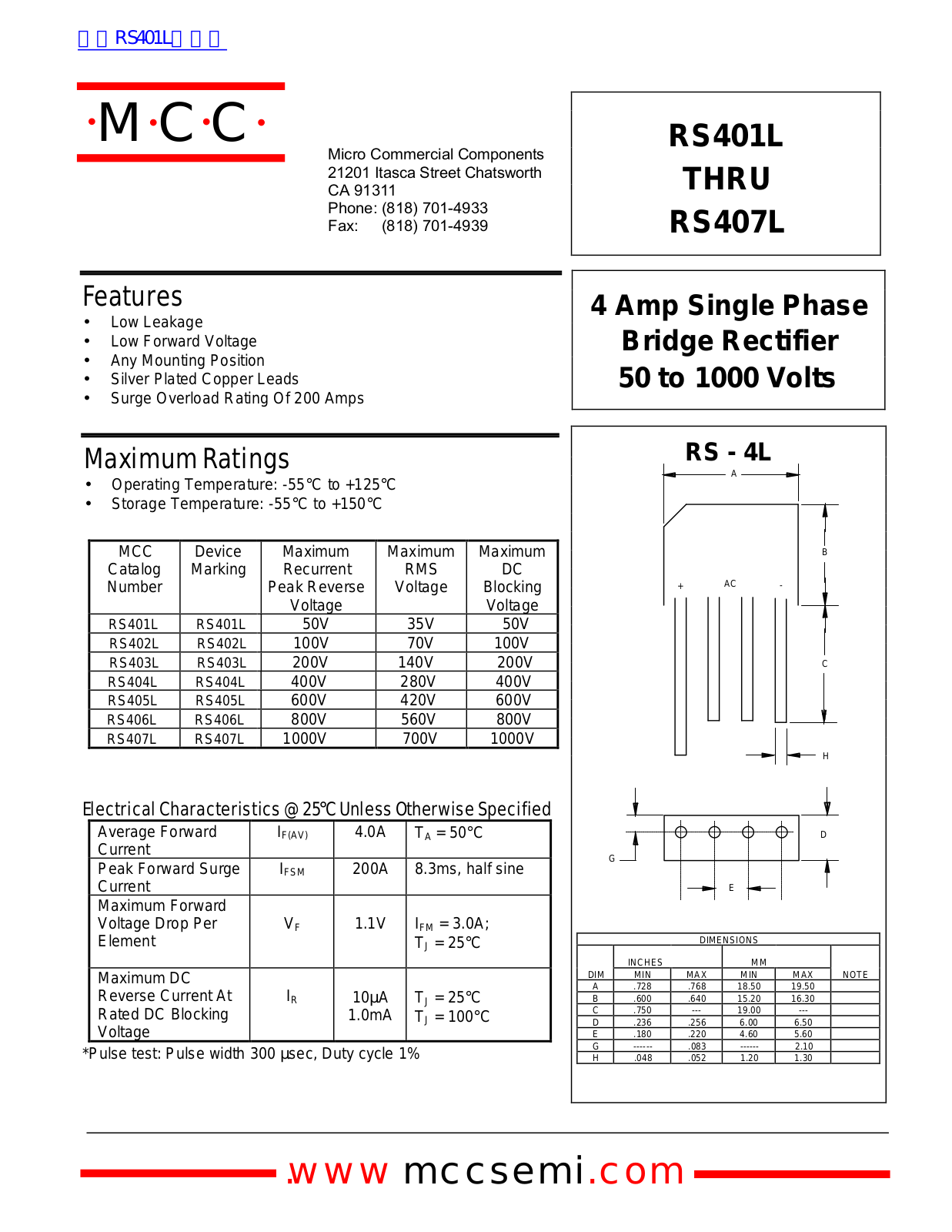 Micro Commercial Components RS401L, RS407L Technical data