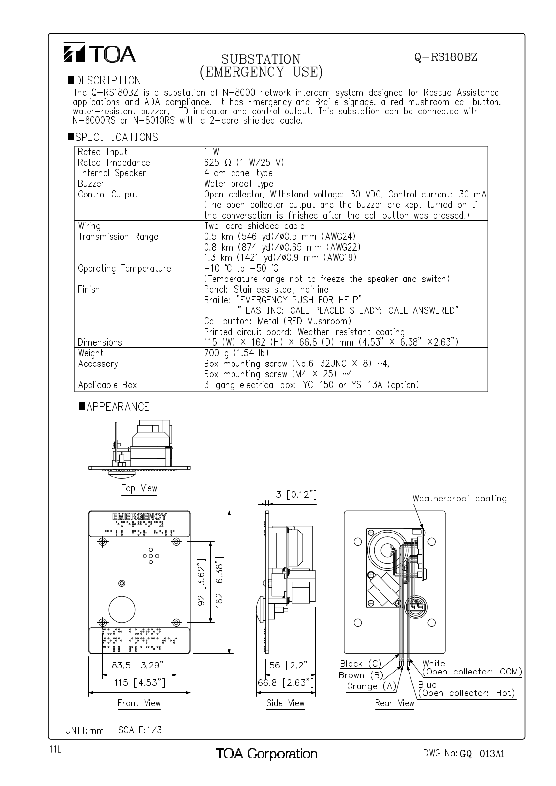 TOA Q-RS180BZ User Manual