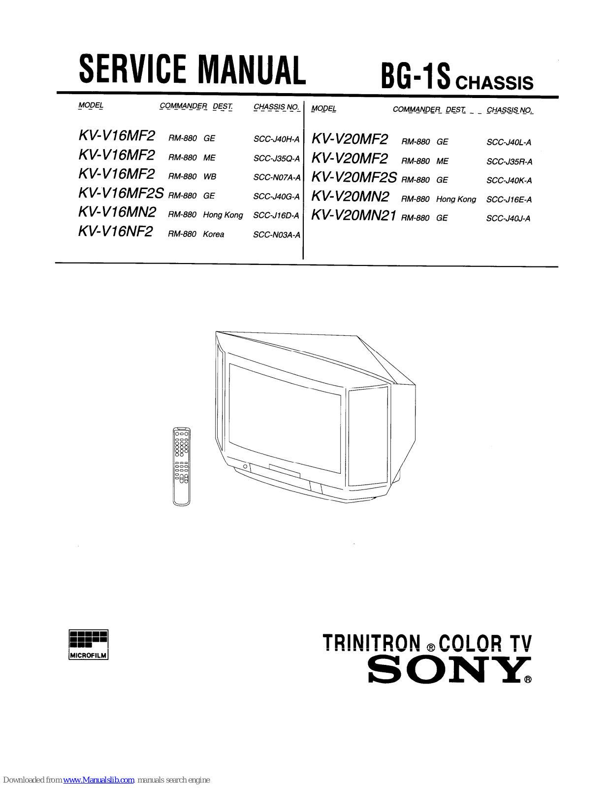 Sony Trinitron KV-V16MF2, Trinitron KV-V16MN2, Trinitron KV-V16MF2S, Trinitron KV-V16NF2, KV-V20MF2 Service Manual