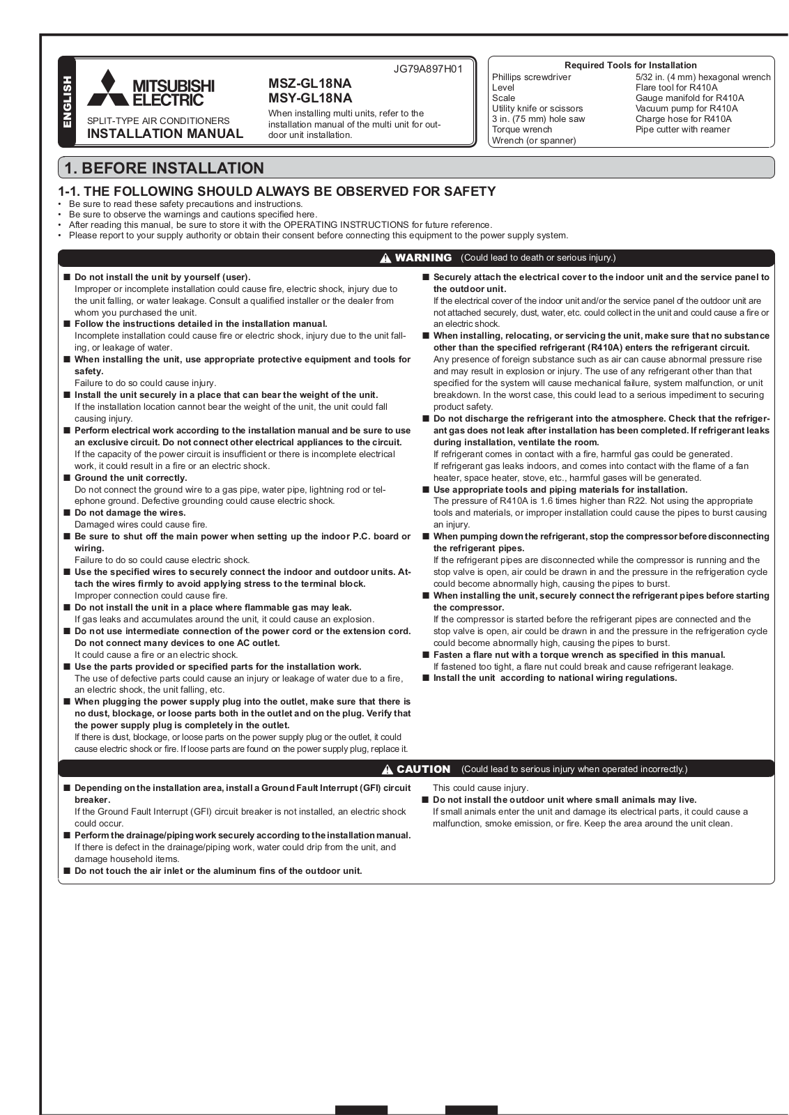 Mitsubishi MSY-GL18NA User Manual