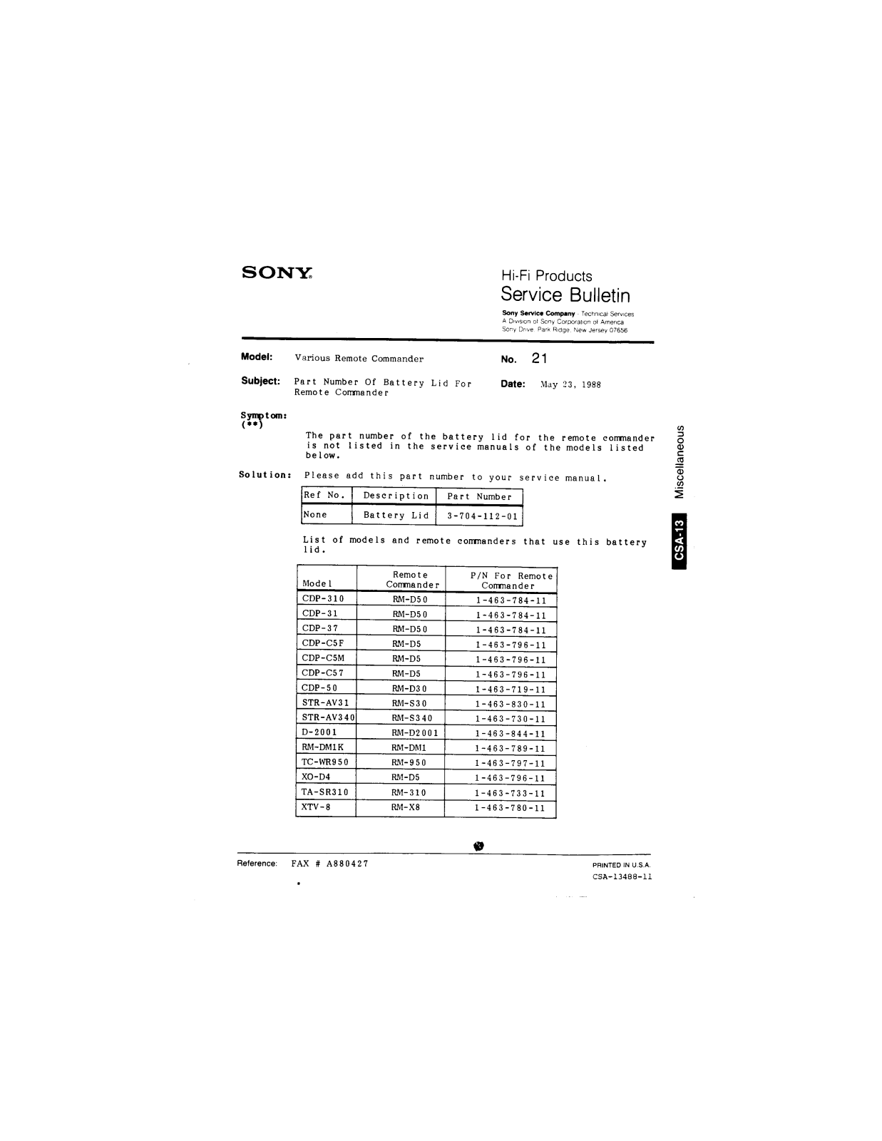 Sony Various Remote Commander Service Manual