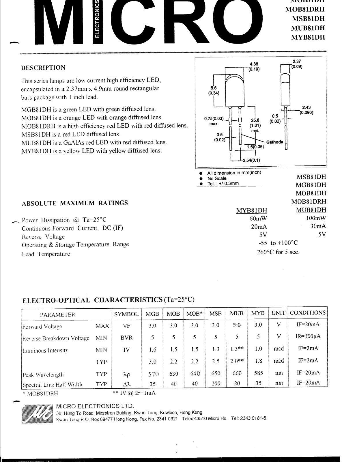 MICRO MSB81DH, MOB81DRH, MOB81DH, MGB81DH, MYB81DH Datasheet