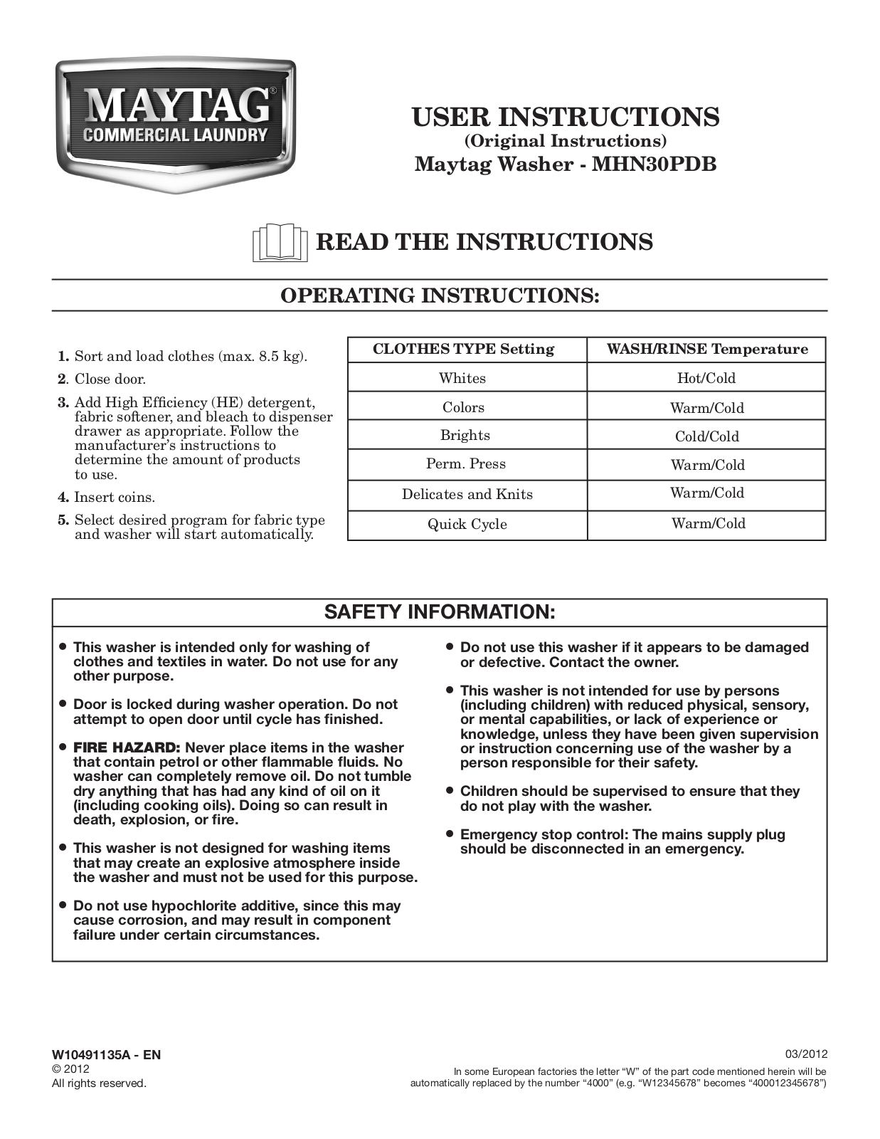 Maytag MHN30PDBGW Quick Reference Guide