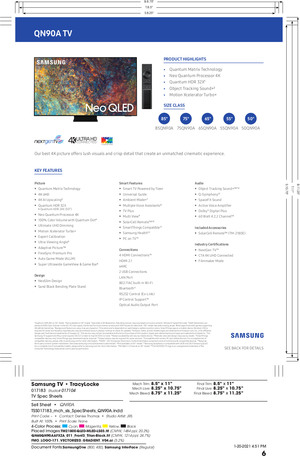 Samsung QN85QN90A, QN65QN90A, QN75QN90A, QN55QN90A, QN50QN90A Specification Sheet