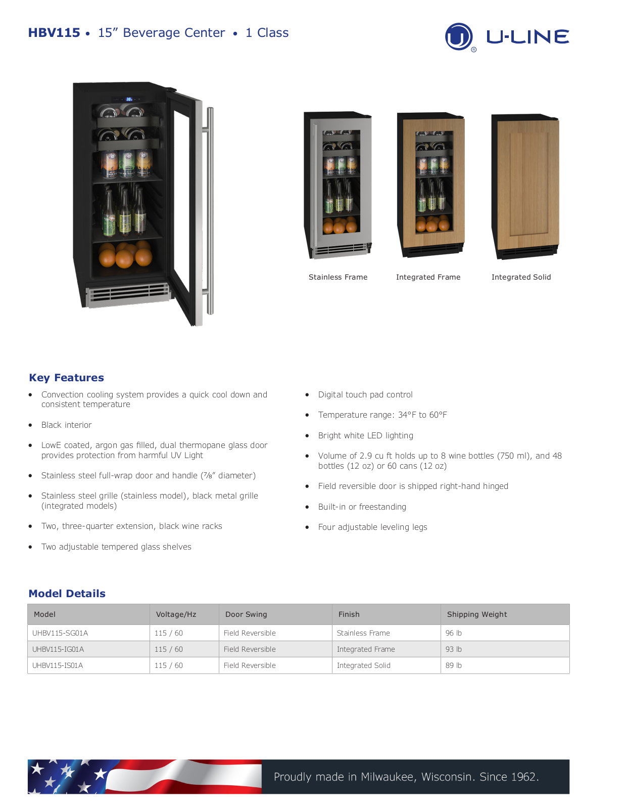 U-Line UHBV115-SG01A, UHBV115-IG01A, UHBV115-IS01A Specification Sheet