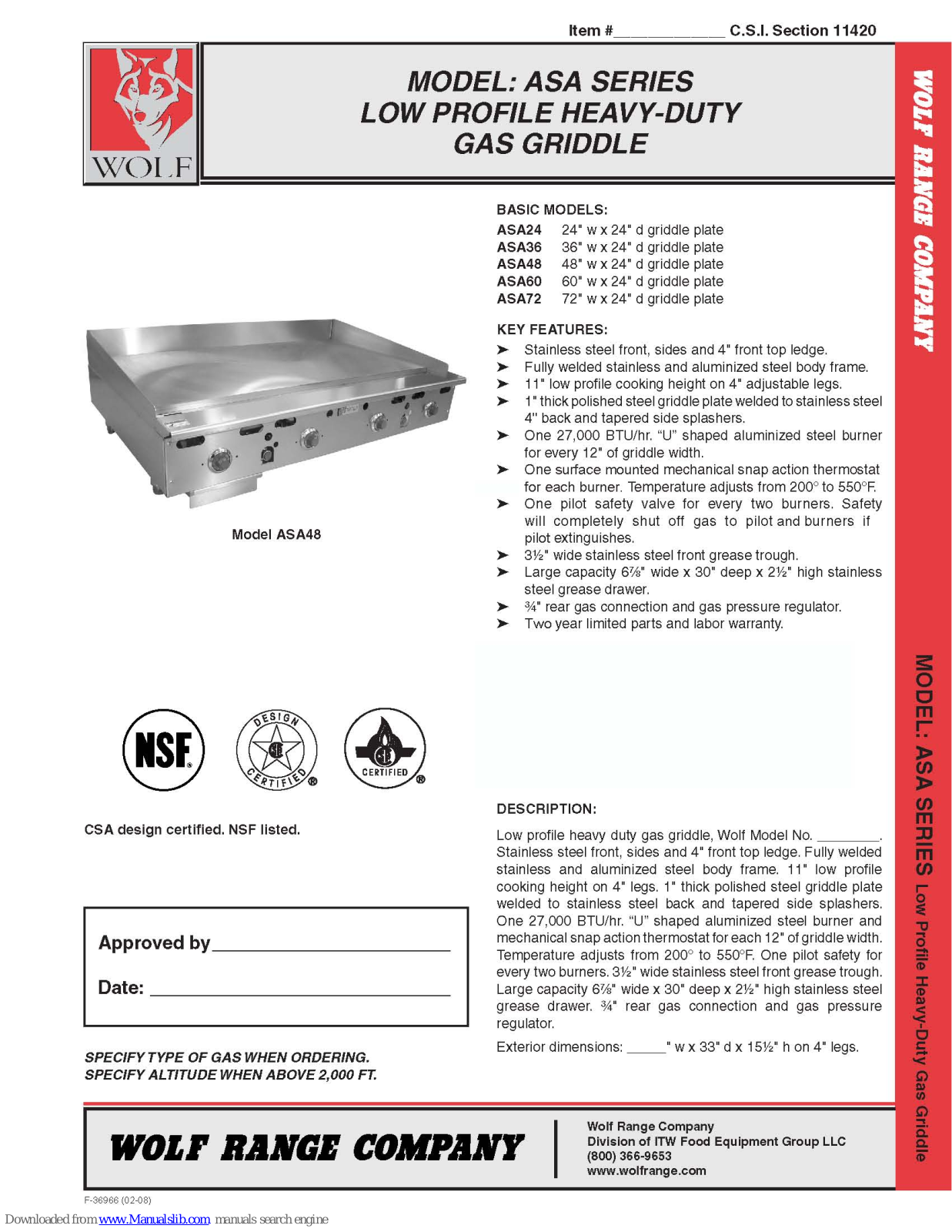 Wolf ASA24, ASA36, ASA48, ASA60, ASA72 Specification Sheet