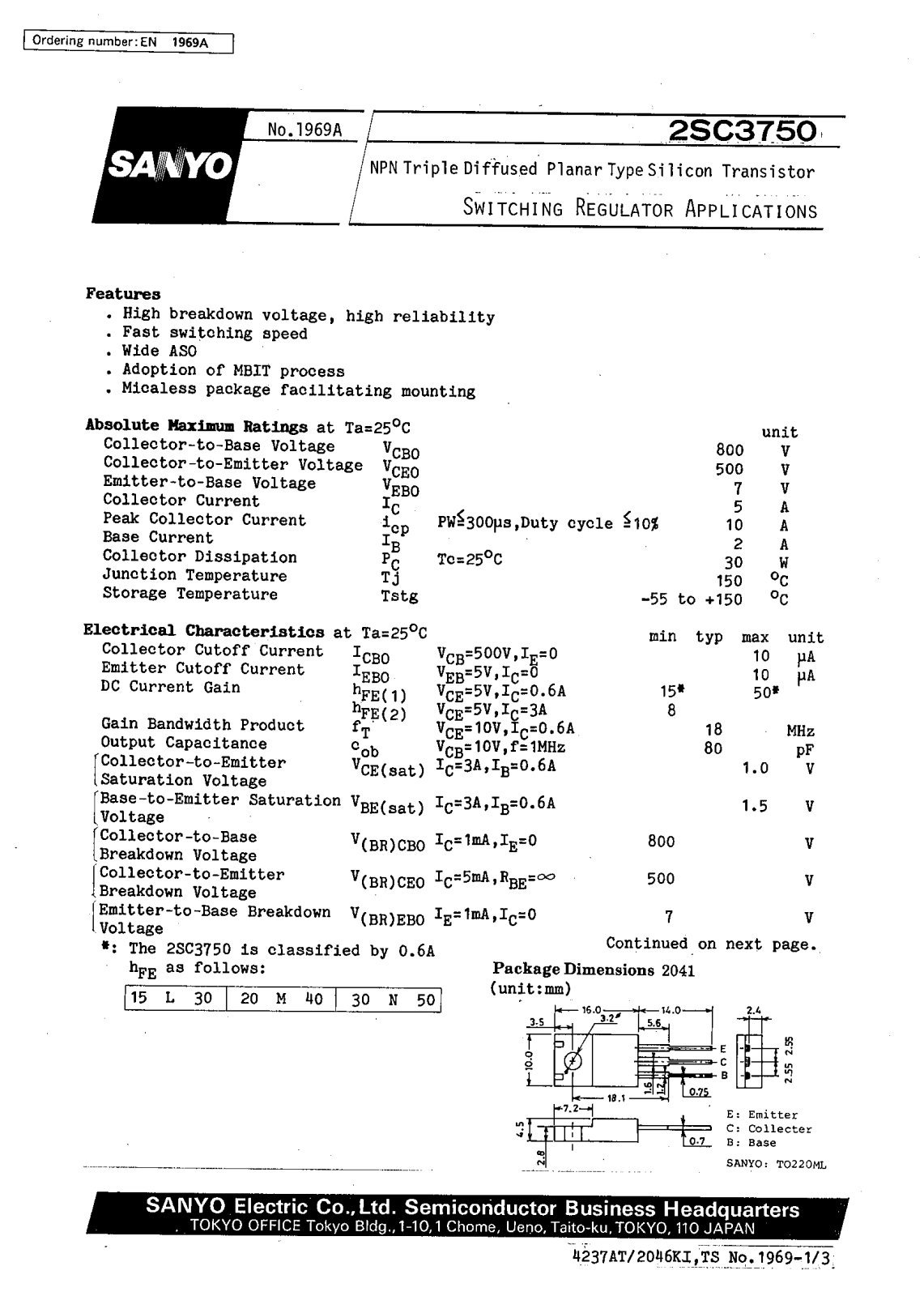 SANYO 2SC3750 Datasheet