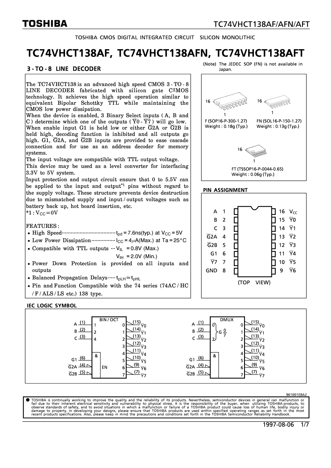 Toshiba TC74VHCT138AFT, TC74VHCT138AFN, TC74VHCT138AF Datasheet