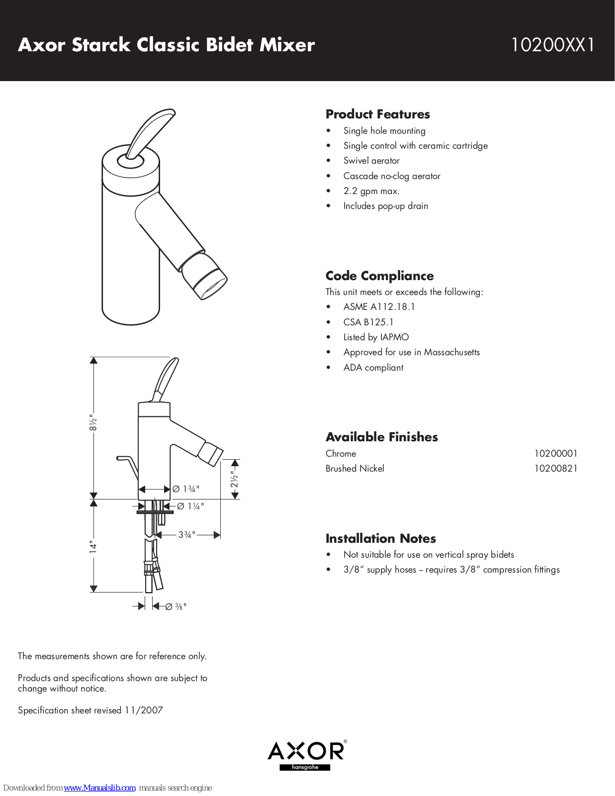 Axor 10200821, 10200001, 10200001,10200821 Specification Sheet - ManualMachine.com