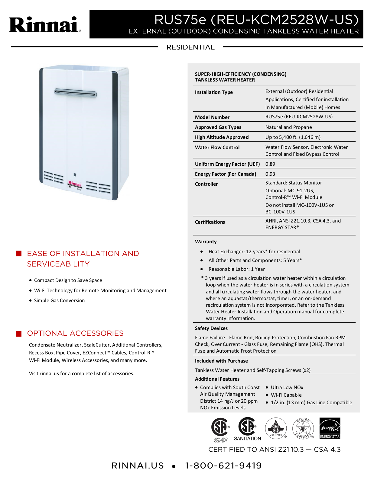 Rinnai Water Heater RUS75eN Specifications