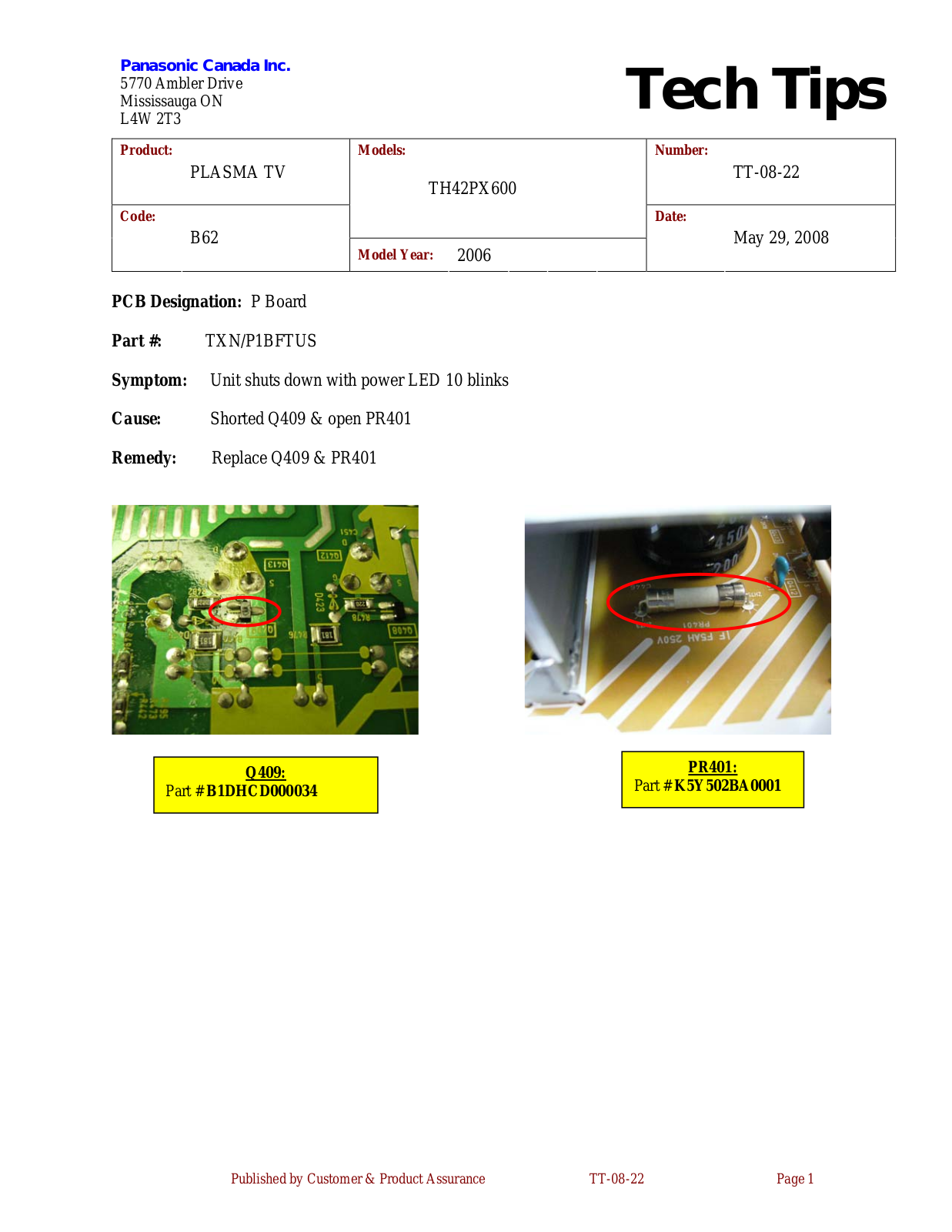 Panasonic GP9D, TH-42PX600 Service Bulletin