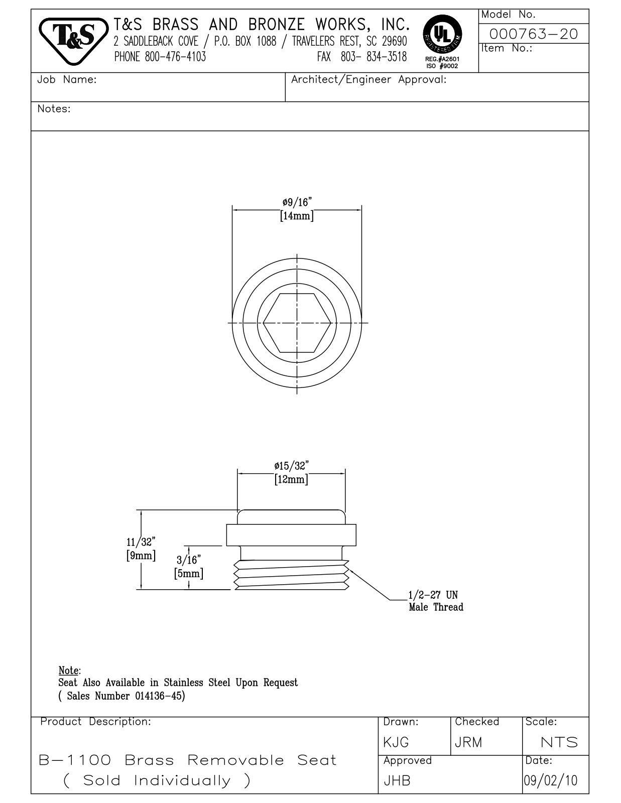 T&S Brass 000-763-20 User Manual