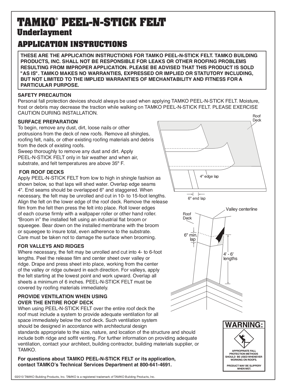 TAMKO Peel-N-Stick Felt User Manual