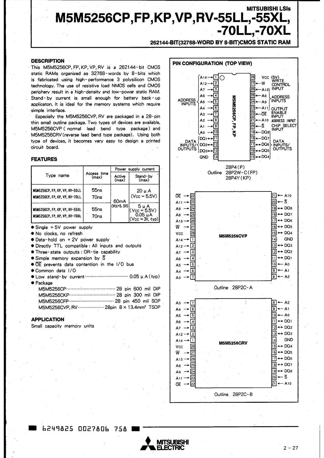 Mitsubishi M5M5256CVP-70LX, M5M5256CVP-70LL, M5M5256CVP-55LX, M5M5256CVP-55LL, M5M5256CP-70LL Datasheet