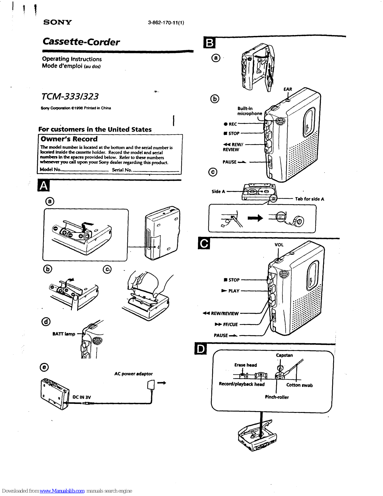 Sony TCM-323 Operating Instructions (primary manual) Operating Instructions Manual