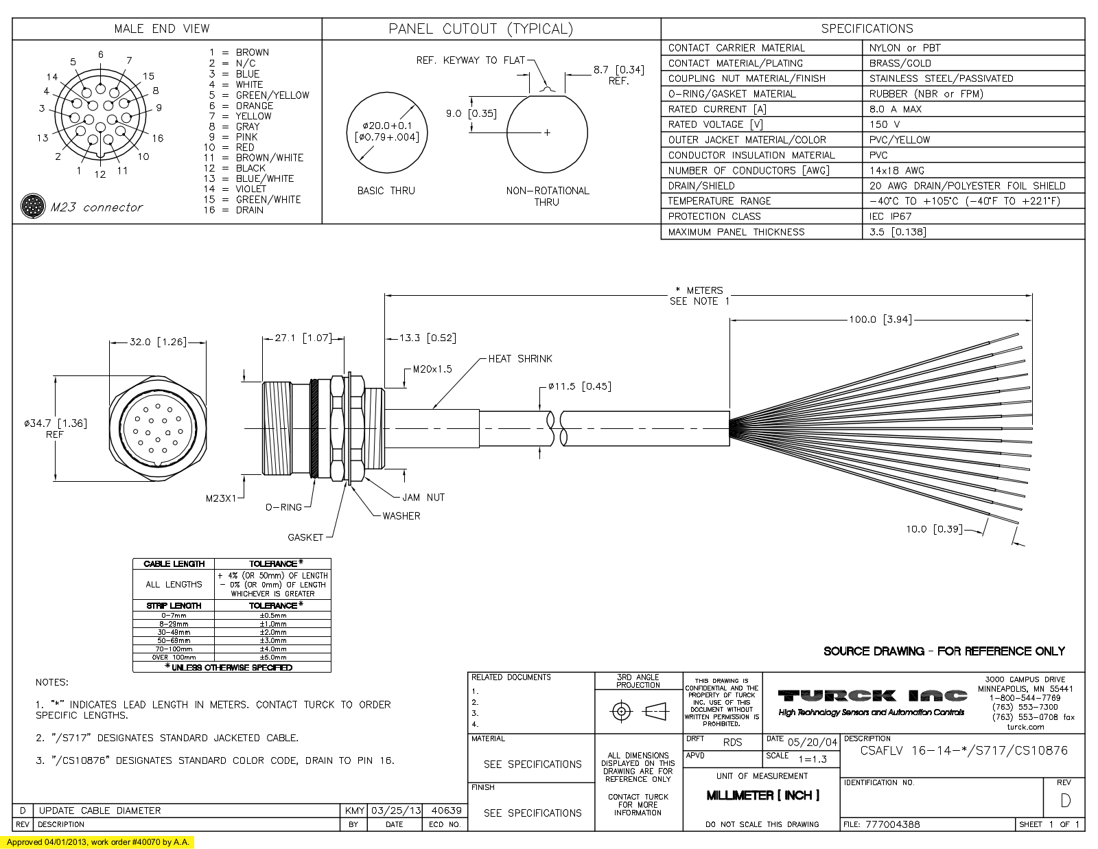 Turck CSAFLV16-14-7/S717CS10876 Specification Sheet