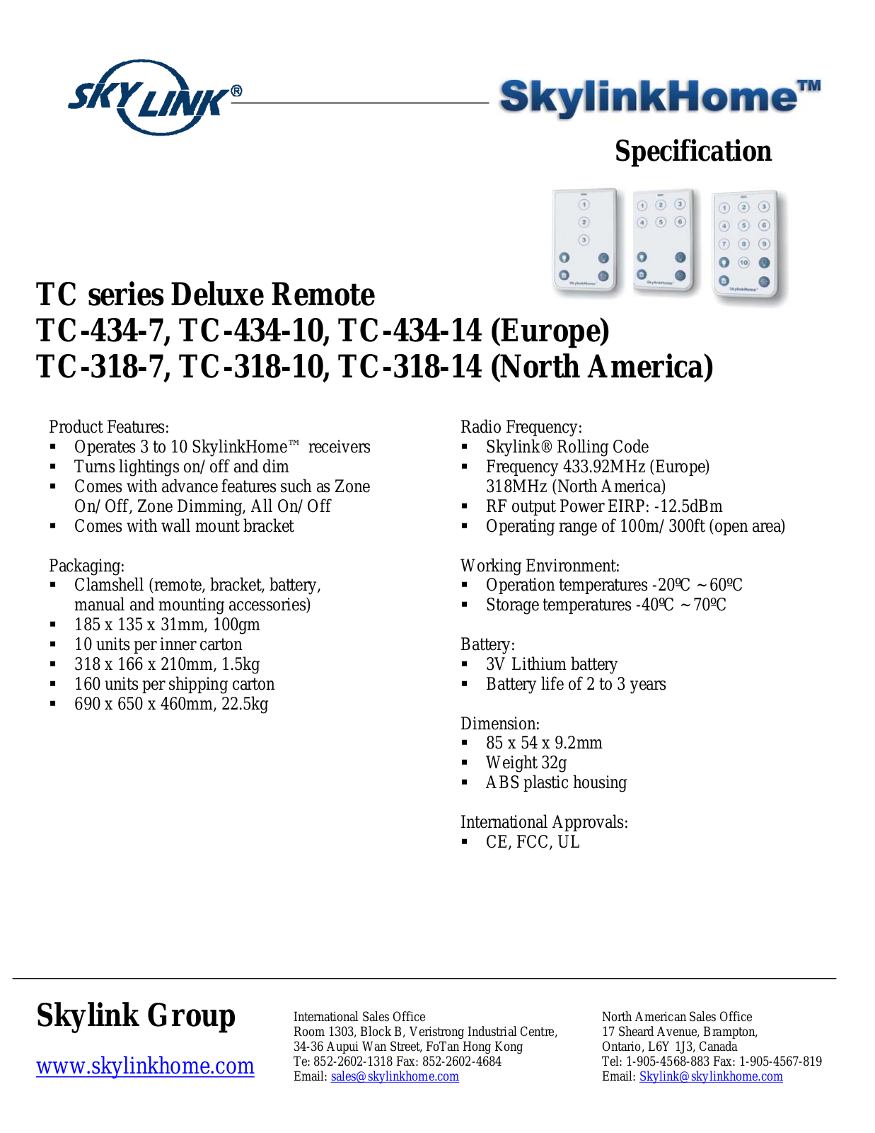 SkyLink TC-318-10, TC-434-7, TC-434-10, TC-318-7, TC-318-14 User Manual