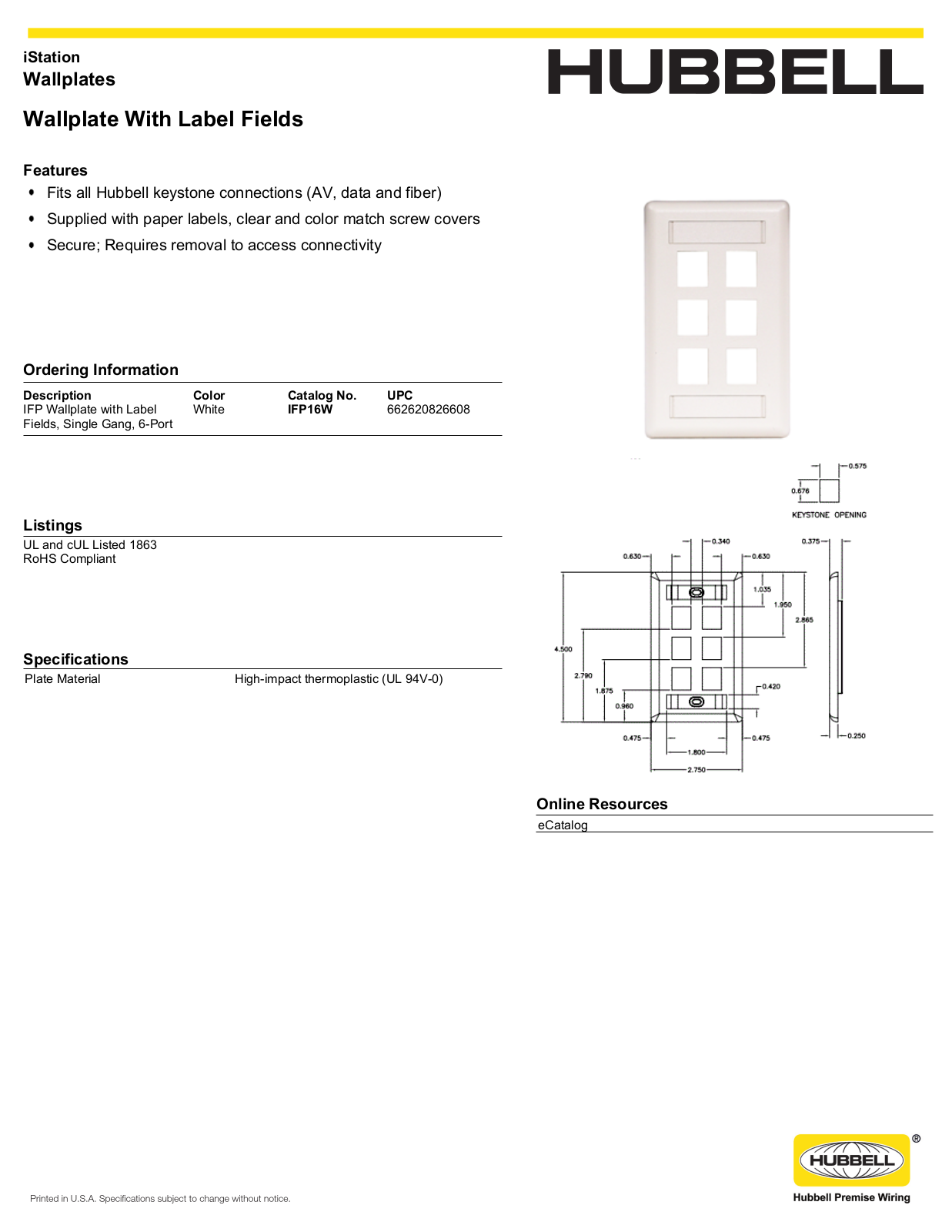 Hubbell IFP16W Specifications