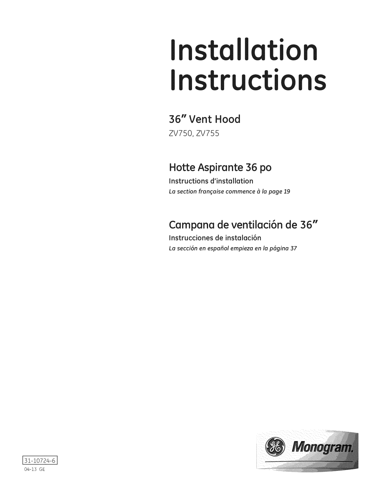 GE ZV750SP1SS, ZV750SP2SS, ZV755SP1SS, ZV755SP2SS Installation Guide