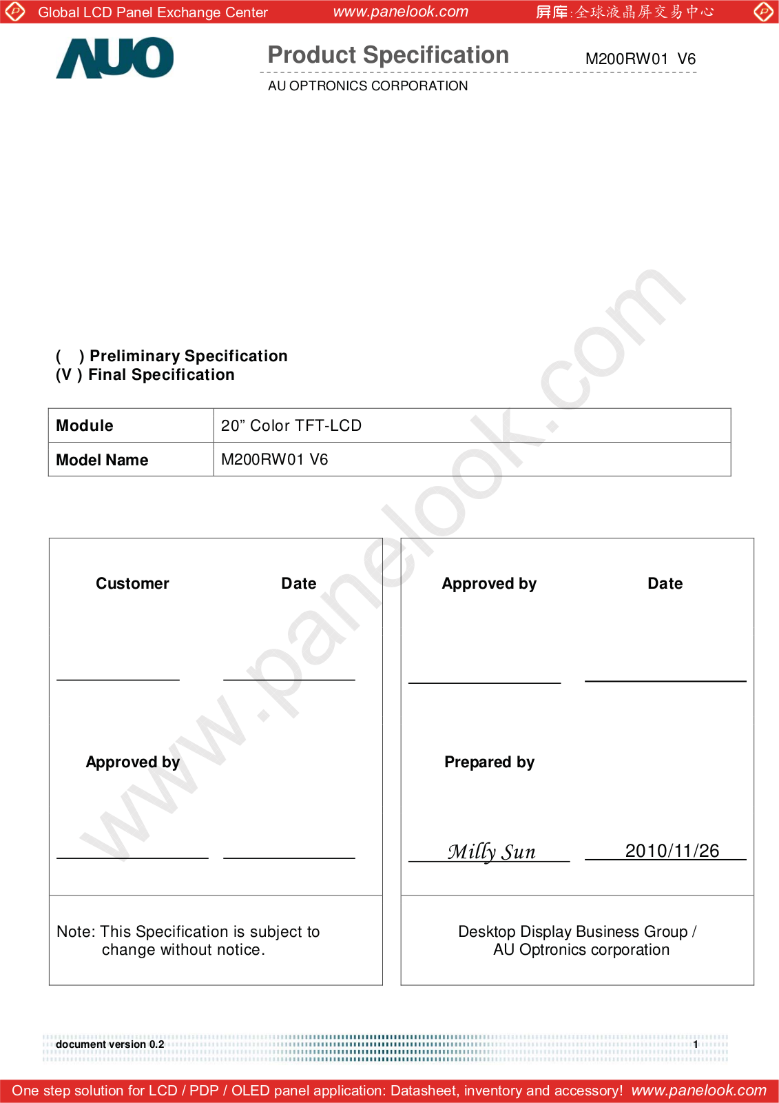 AUO M200RW01 V6 Specification - ManualMachine.com