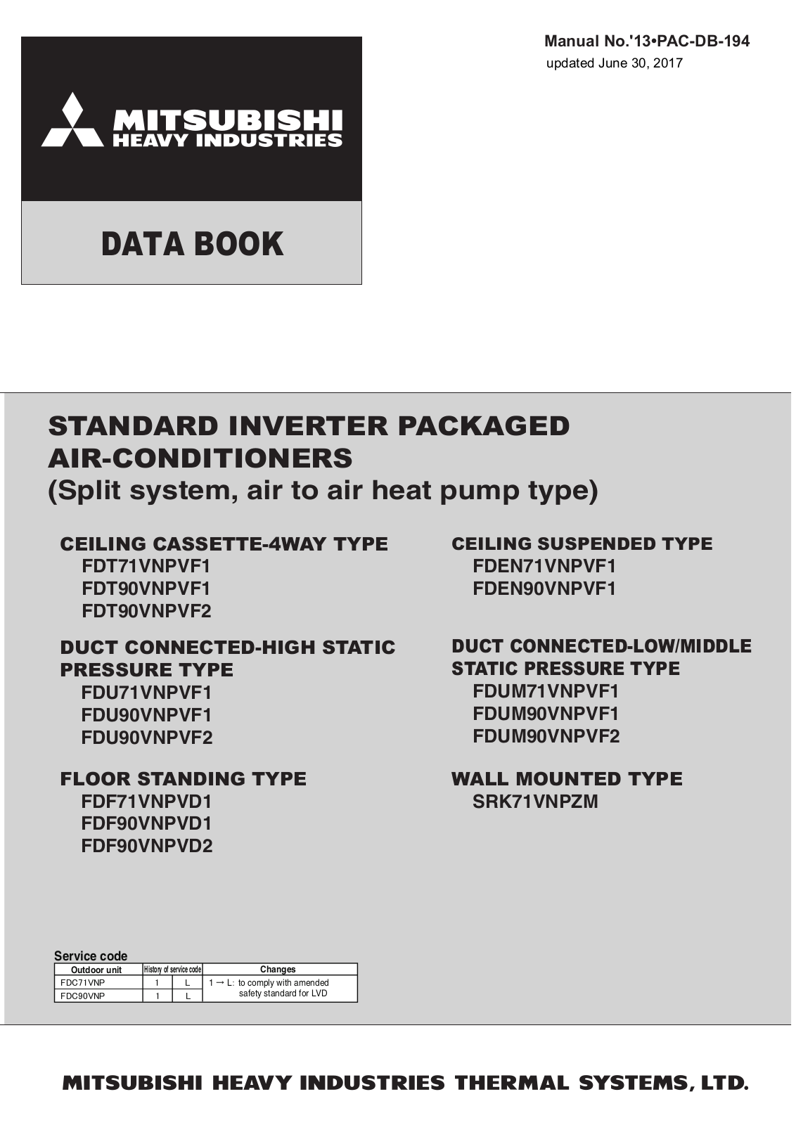 Mitsubishi Heavy Industries FDT90VNPVF2, FDEN90VNPVF1, FDT90VNPVF1, FDEN71VNPVF1, FDU71VNPVF1 Data Book