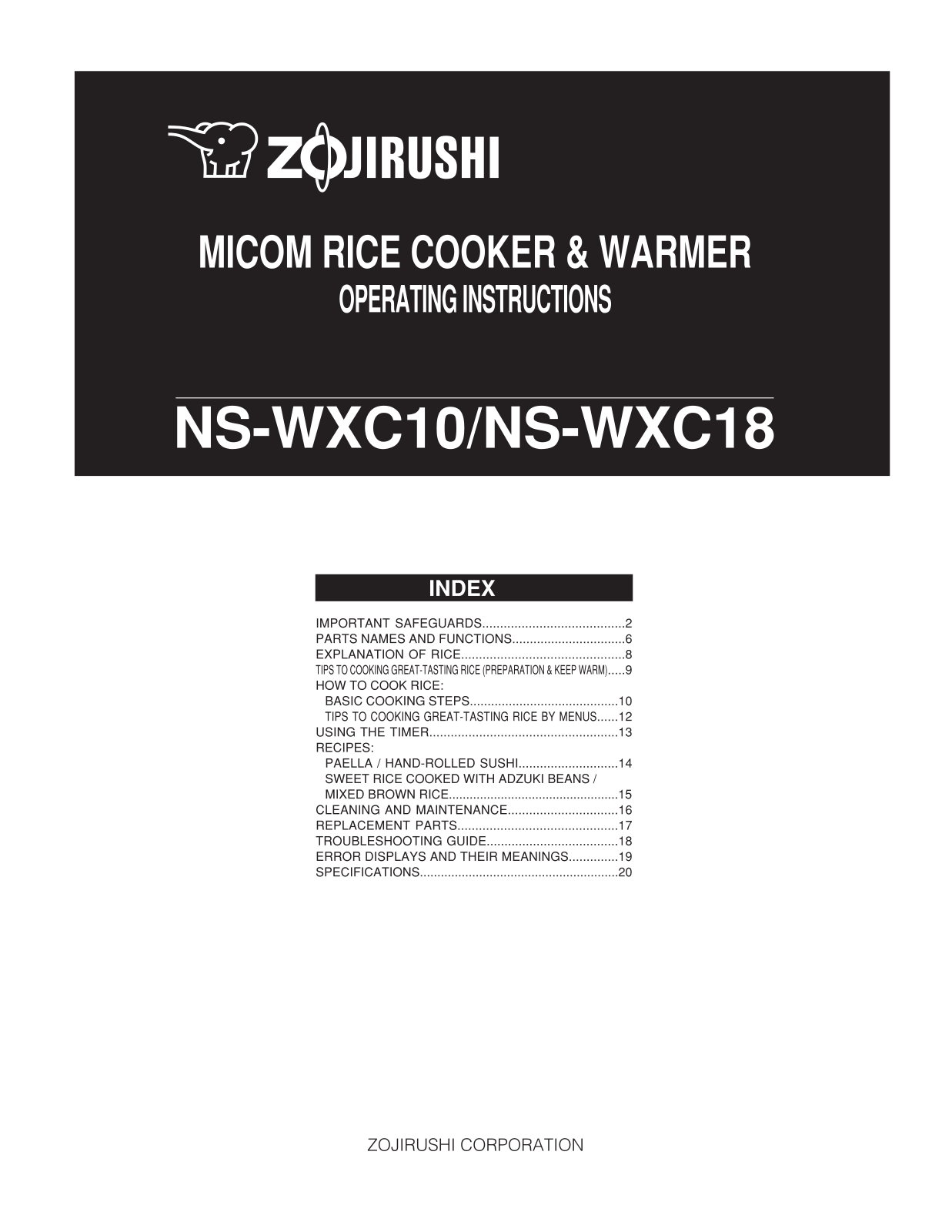 Zojirushi NS-WXC18, NS-WXC10 User Manual 2