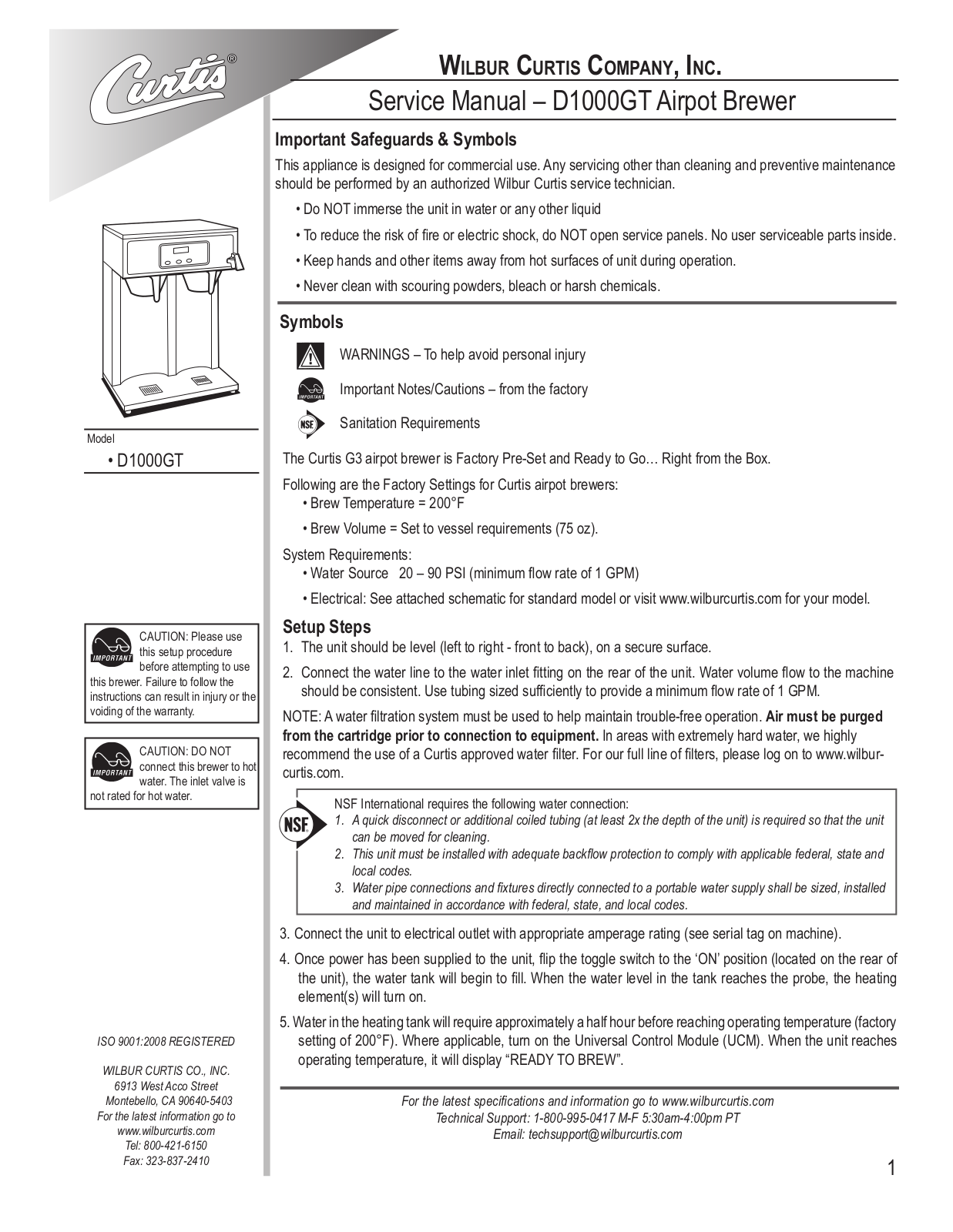 Wilbur Curtis D1000GT User Manual