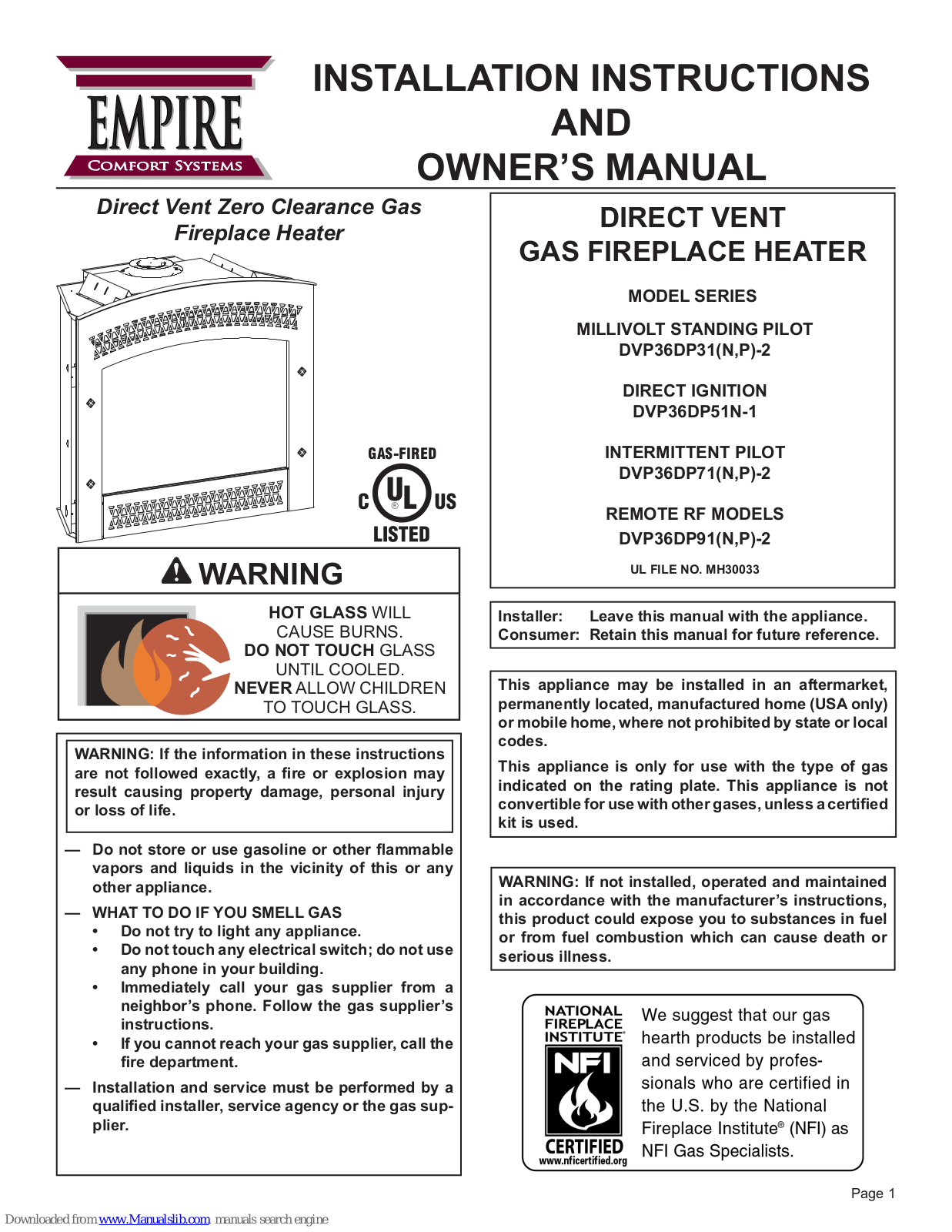 Empire Comfort Systems DVP36DP31N-2, DVP36DP71N-2, DVP36DP91N-2 DVP36DP91P-2, DVP36DP31P-2, DVP36DP71P-2 Installation Instructions And Owner's Manual