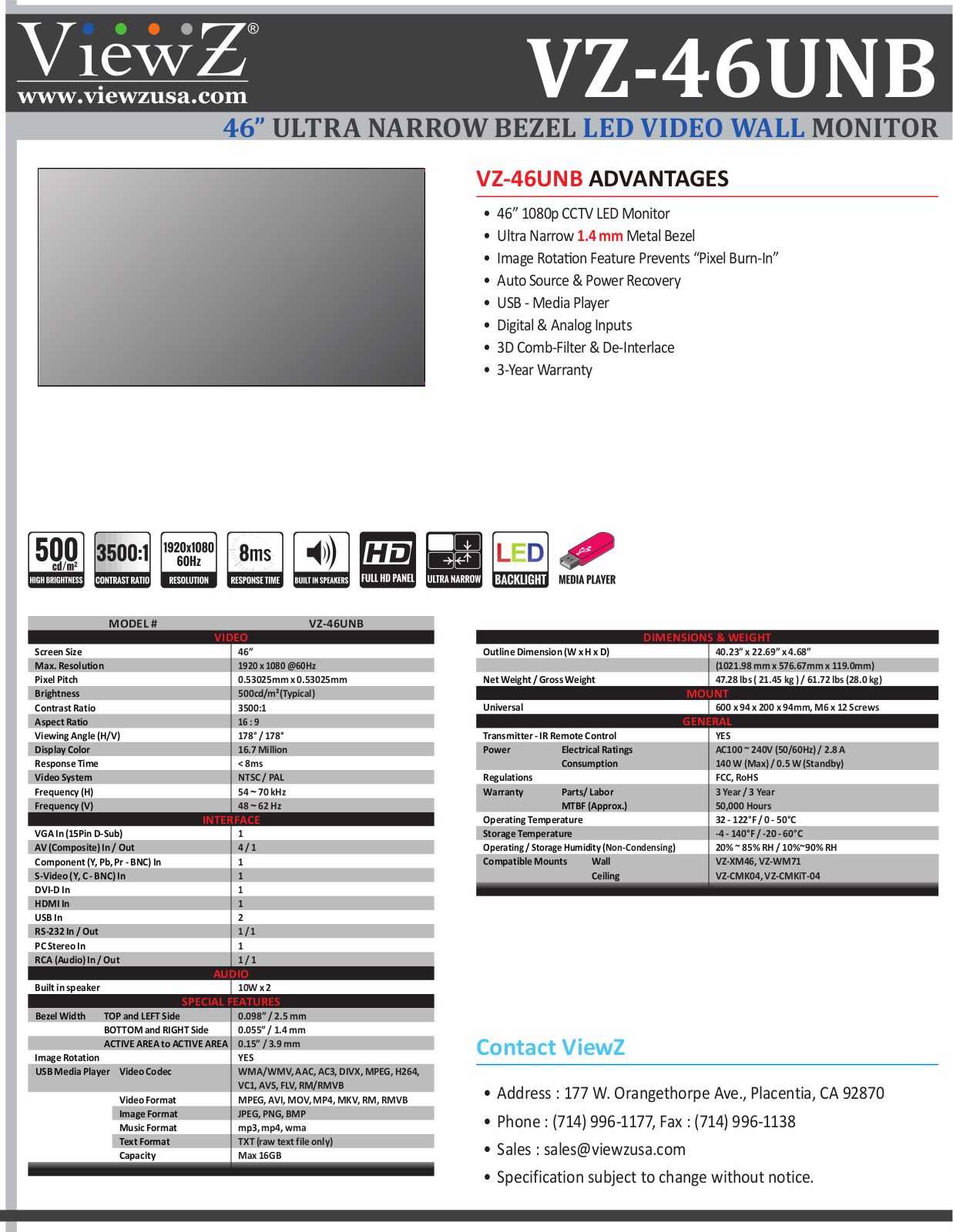 ViewZ VZ-46UNB Specsheet