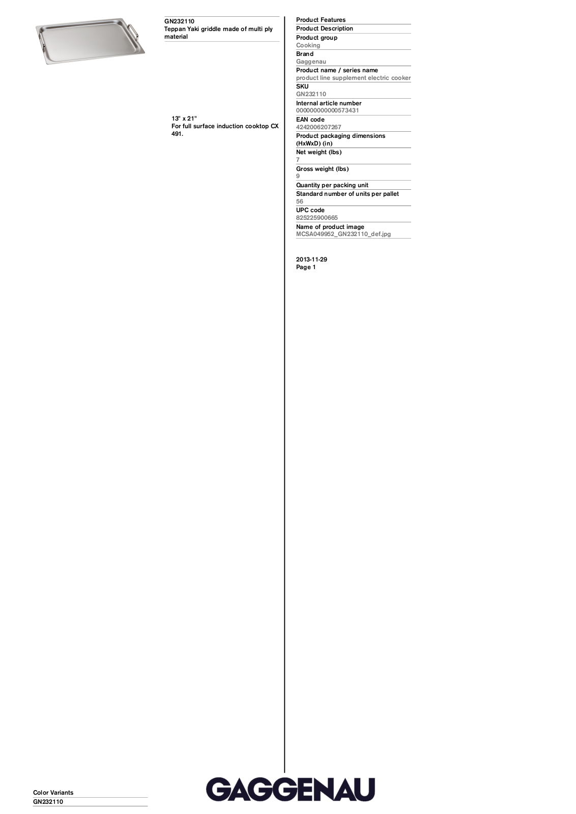 Gaggenau GN232110 Specification Sheet