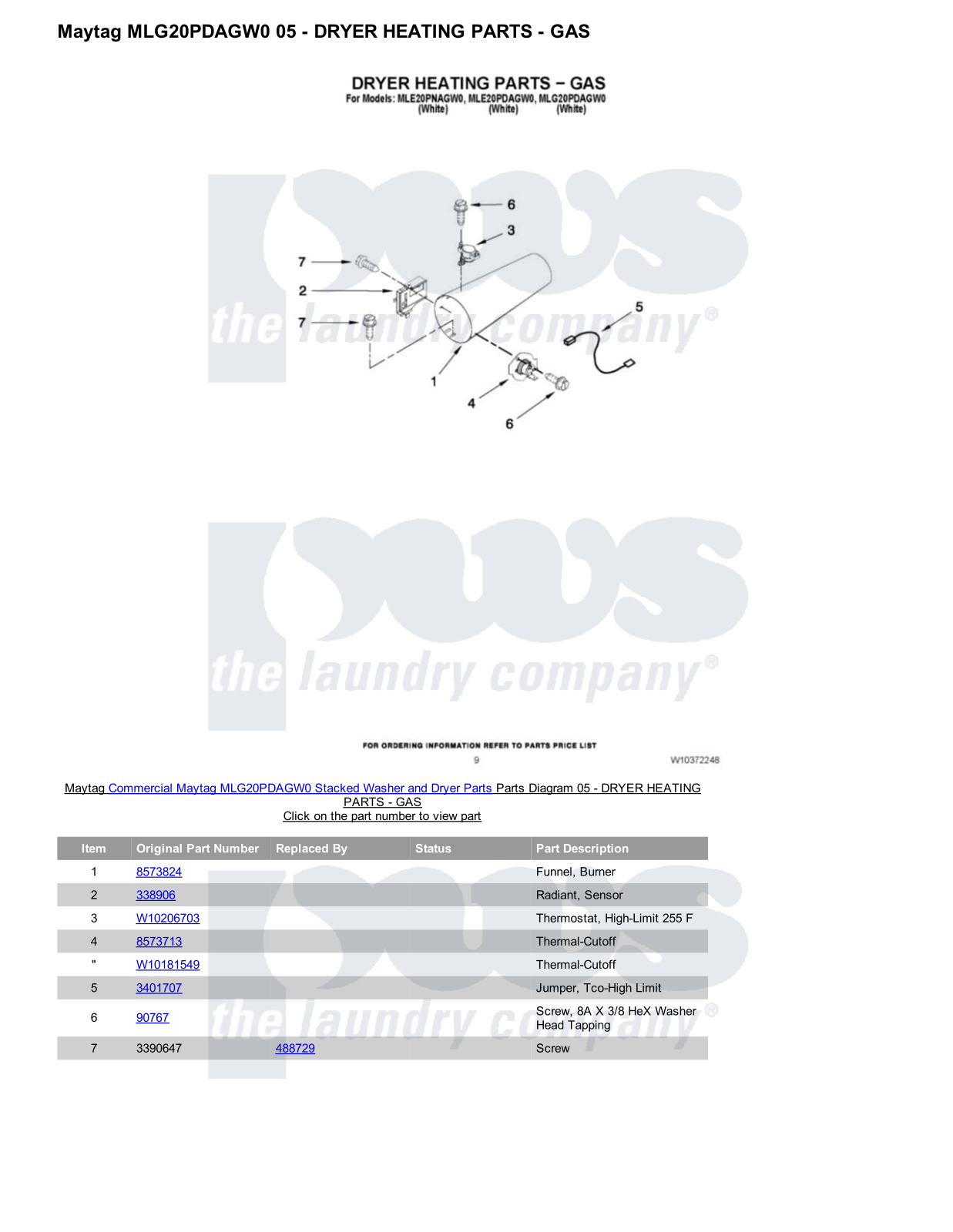 Maytag MLG20PDAGW0 Stacked and Parts Diagram