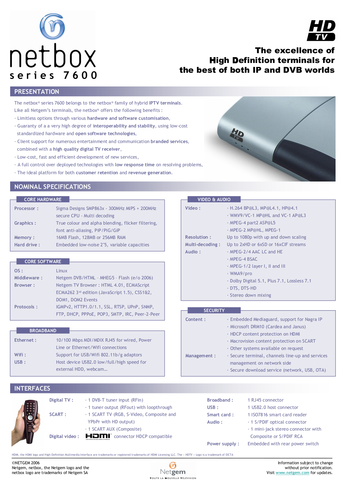 Netgem NETBOX 7600 series DATASHEET