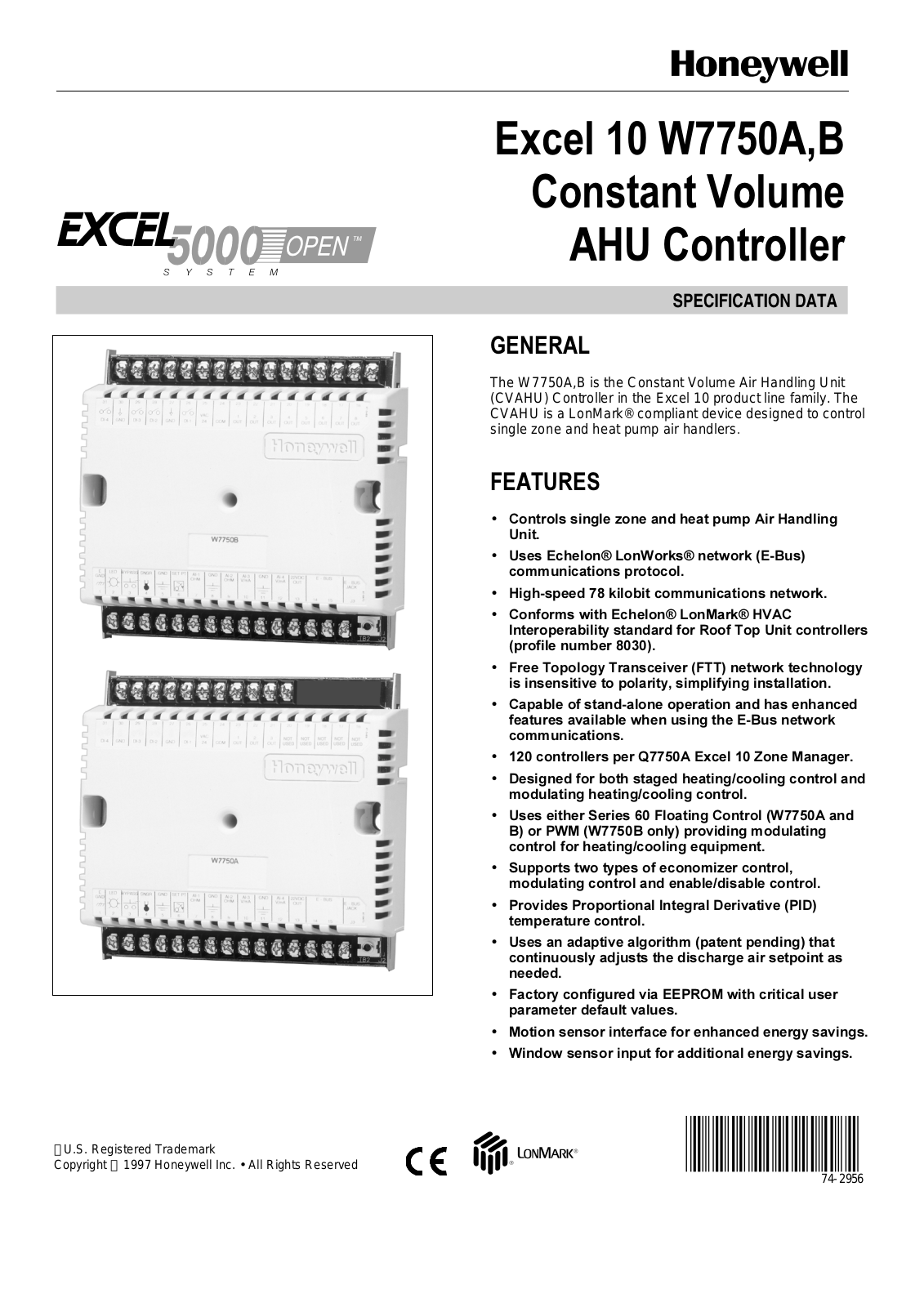 Honeywell W7750A, W7750B Product specification sheet