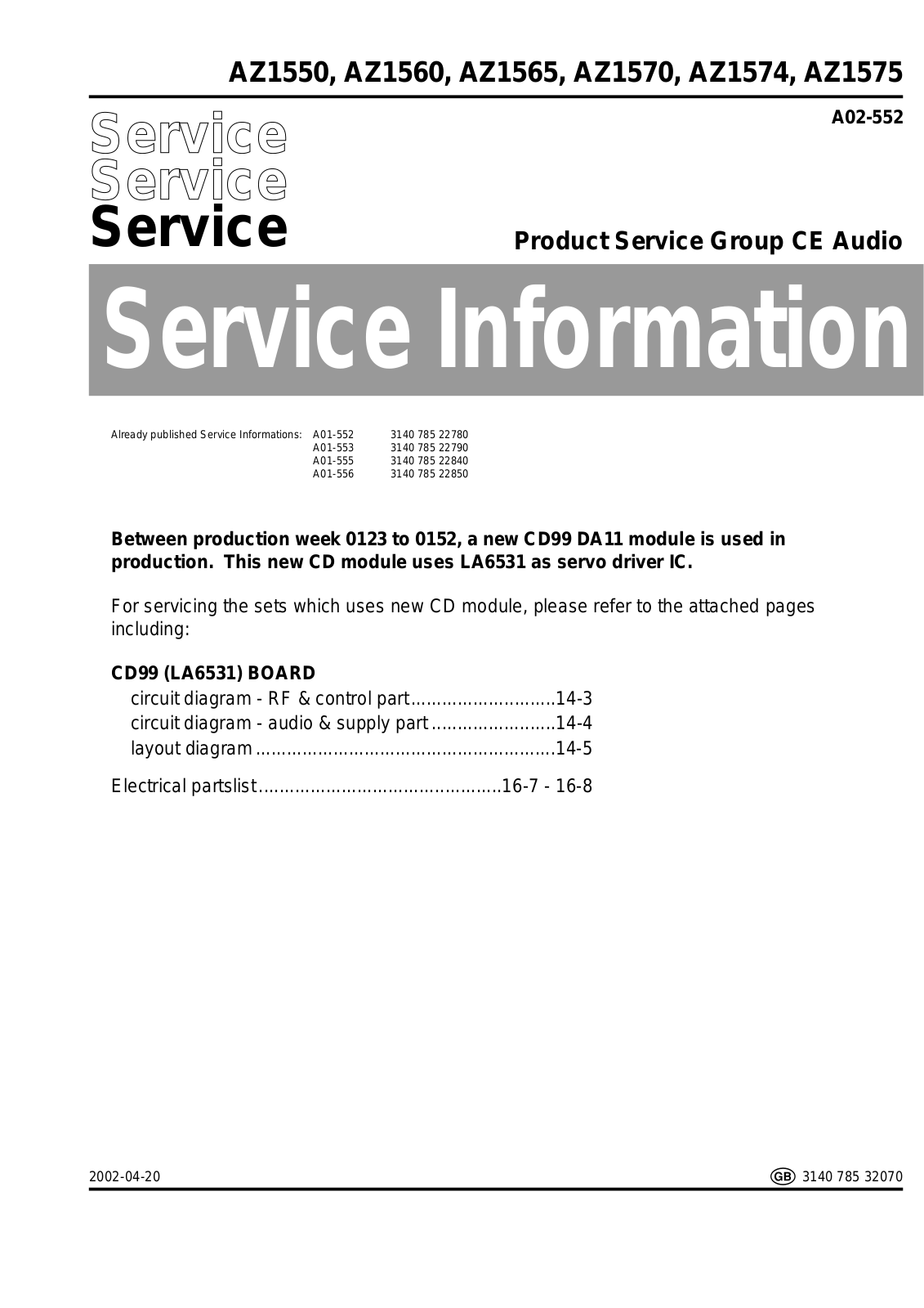 Philips AZ-1550, AZ-1560, AZ-1565, AZ-1570, AZ-1574 Service manual