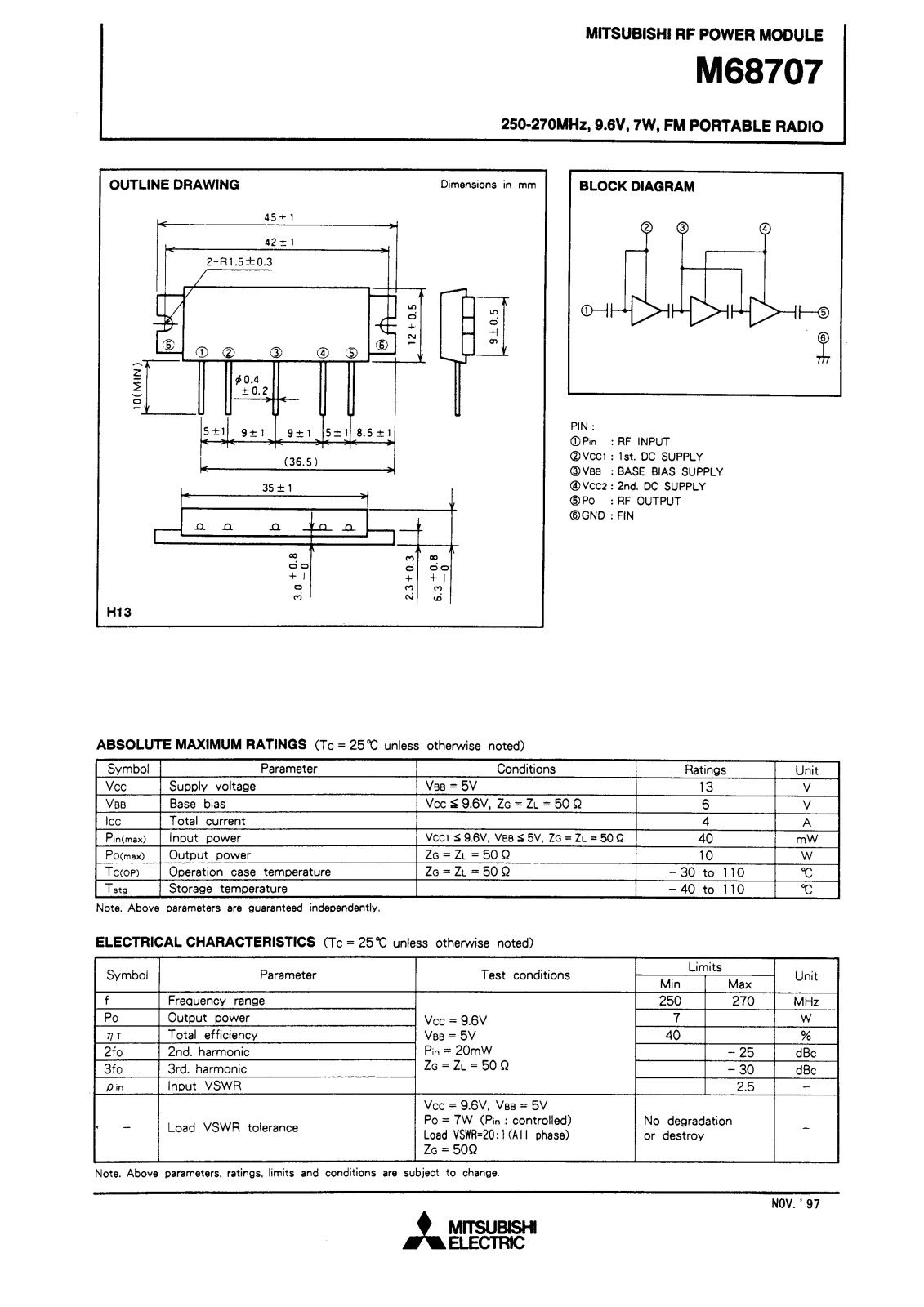 Mitsubishi M68707 Datasheet