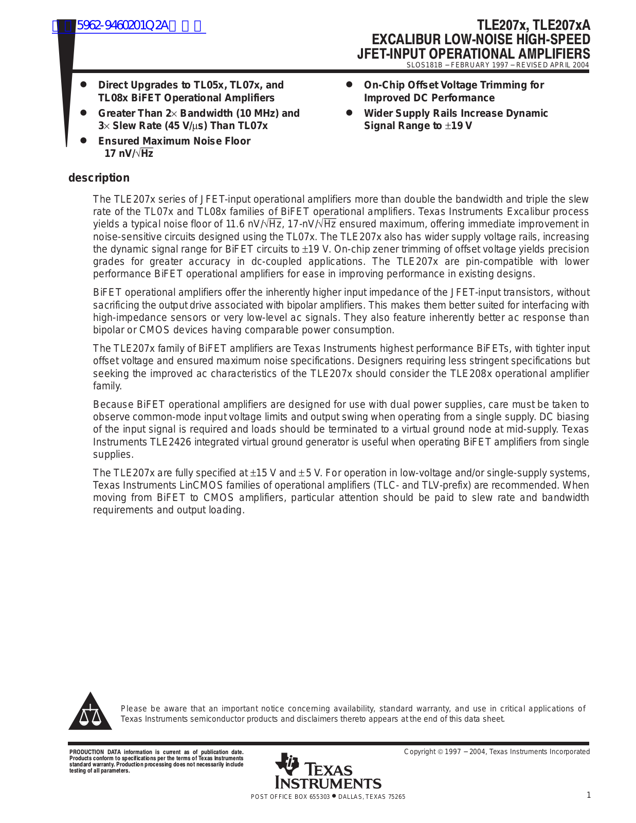 TEXAS INSTRUMENTS TLE207x, TLE207xA Technical data