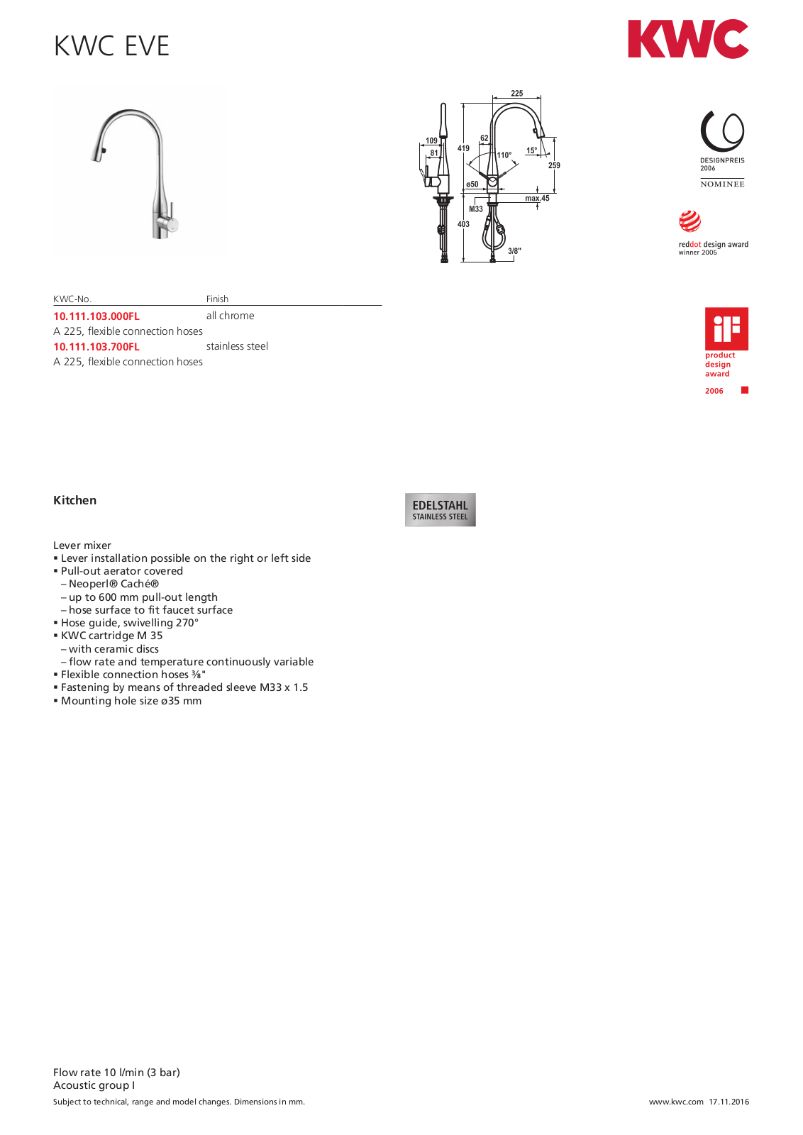 KWC 10111103000, 10111103700 Specifications Sheet