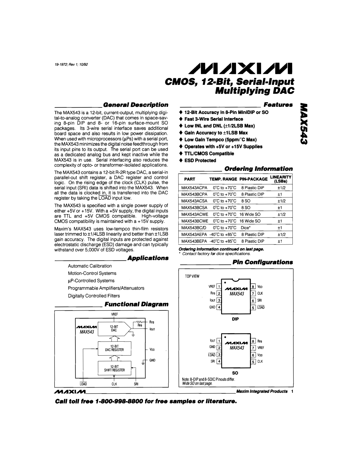 Maxim MAX543BMJA, MAX543BEWE, MAX543BESA, MAX543BEPA, MAX543BCWE Datasheet