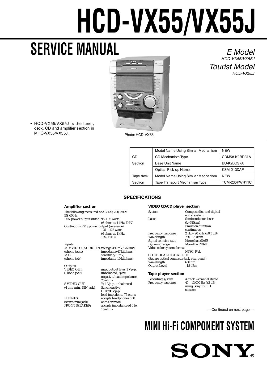 Sony HCD-VX55, HCD-VX55J Service manual