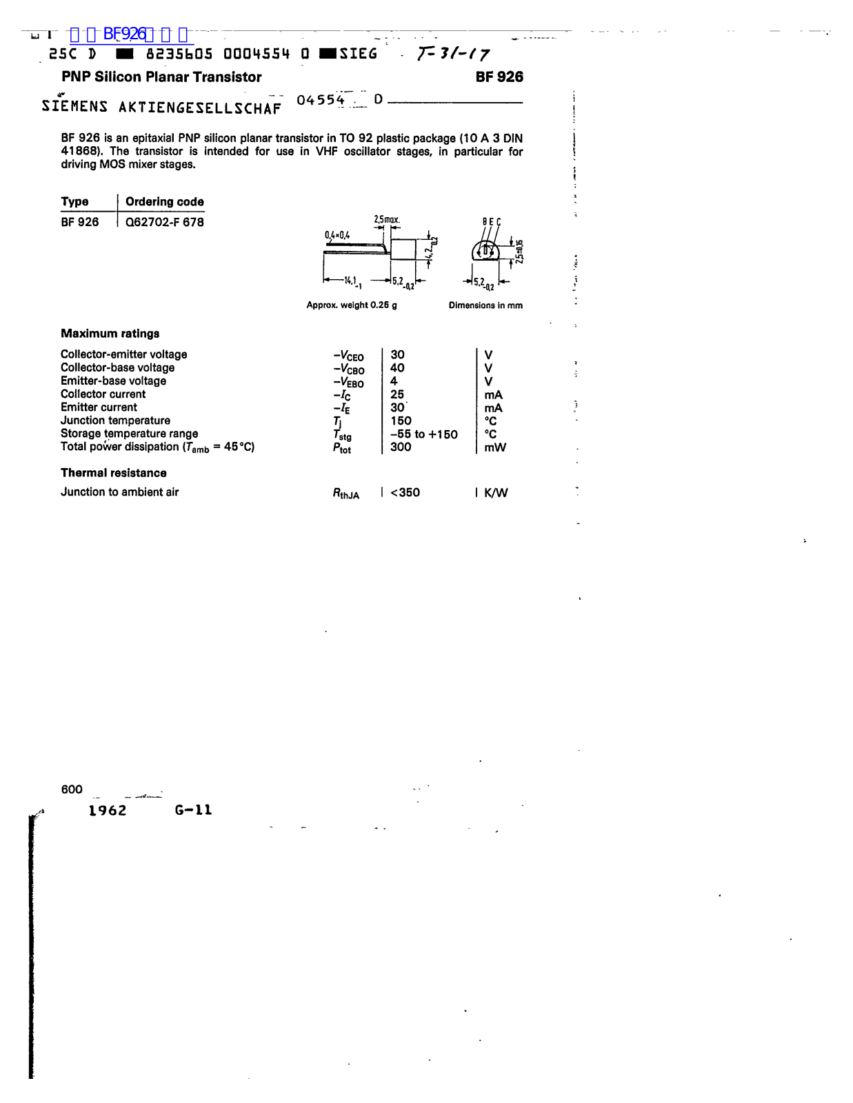 Siemens BF 926 Technical data