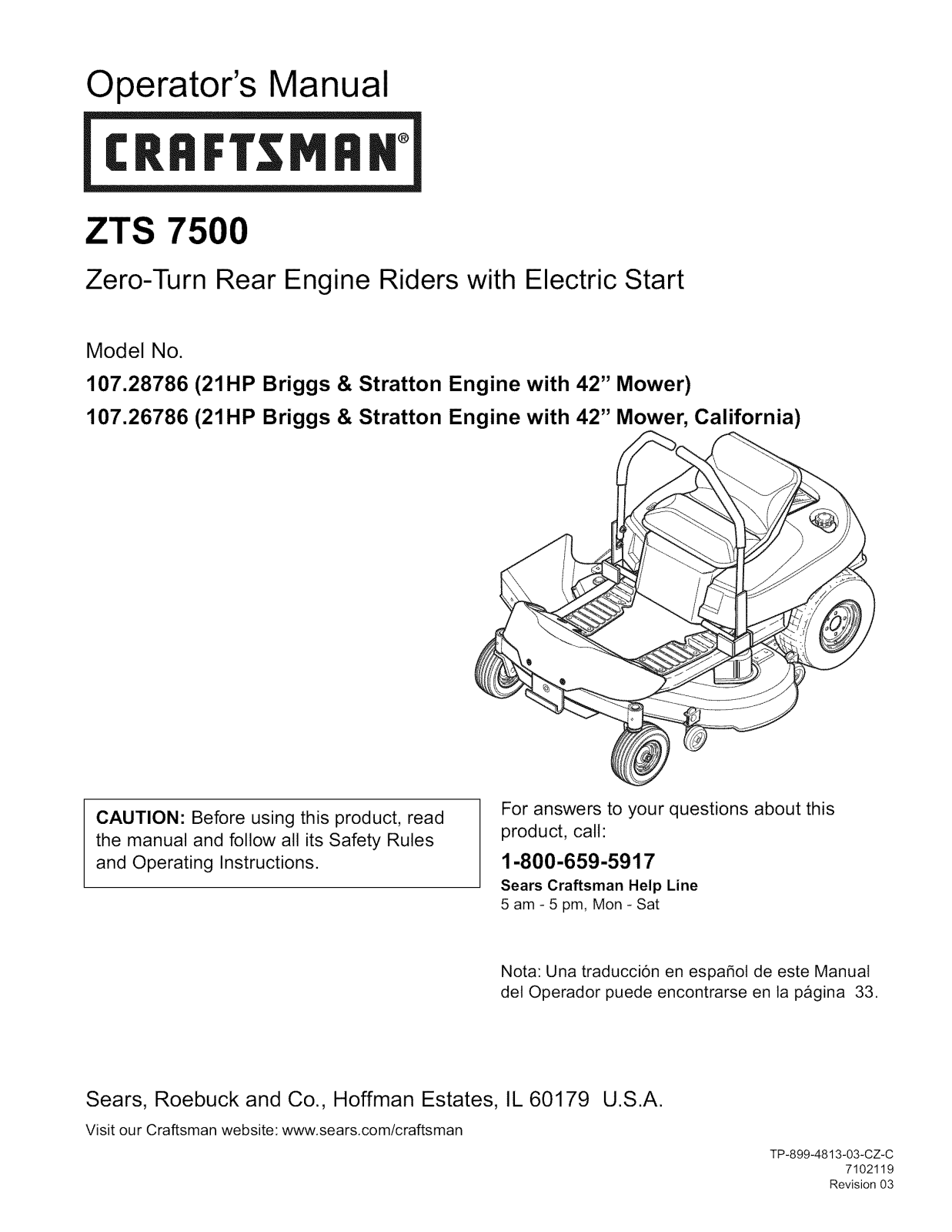 Craftsman 107287860, ZTS7500, 10726786 Owner’s Manual