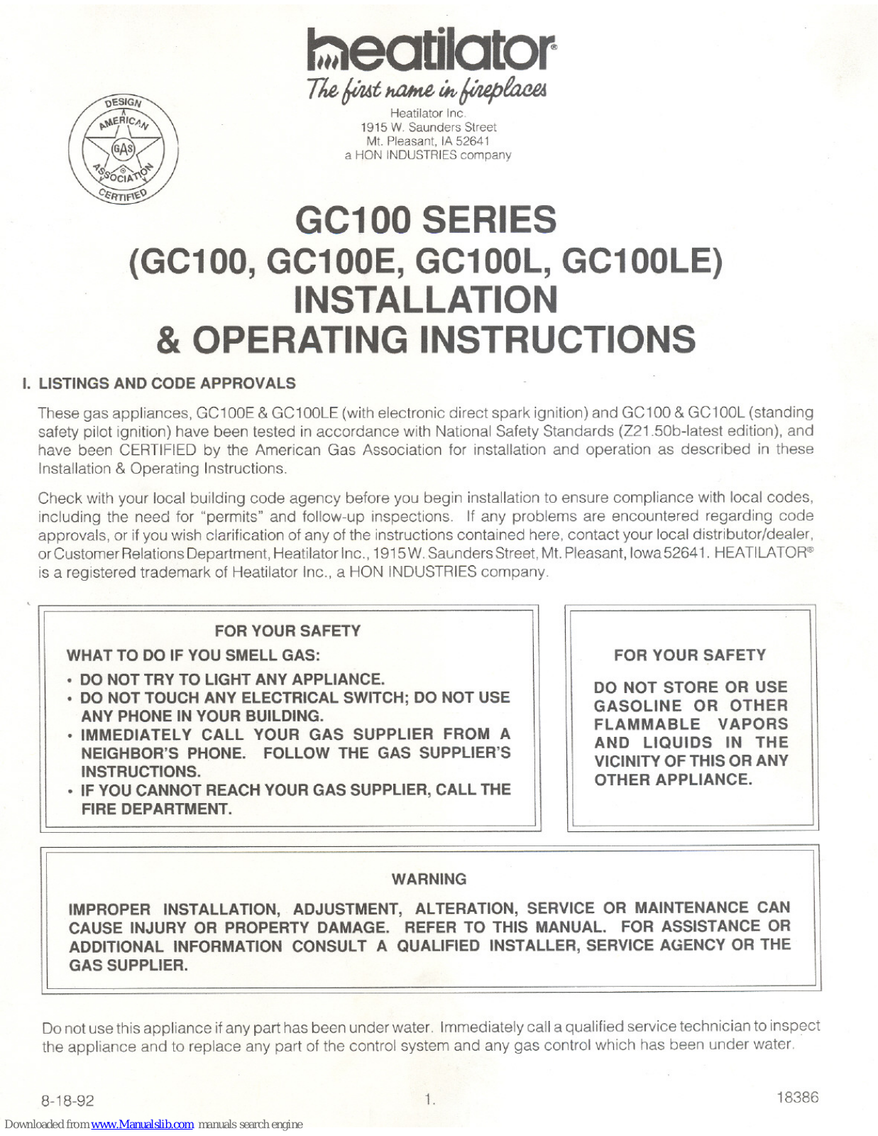 Heatilator GC100, GC100L, GC100LE, GC100E Installation And Operating Instructions Manual