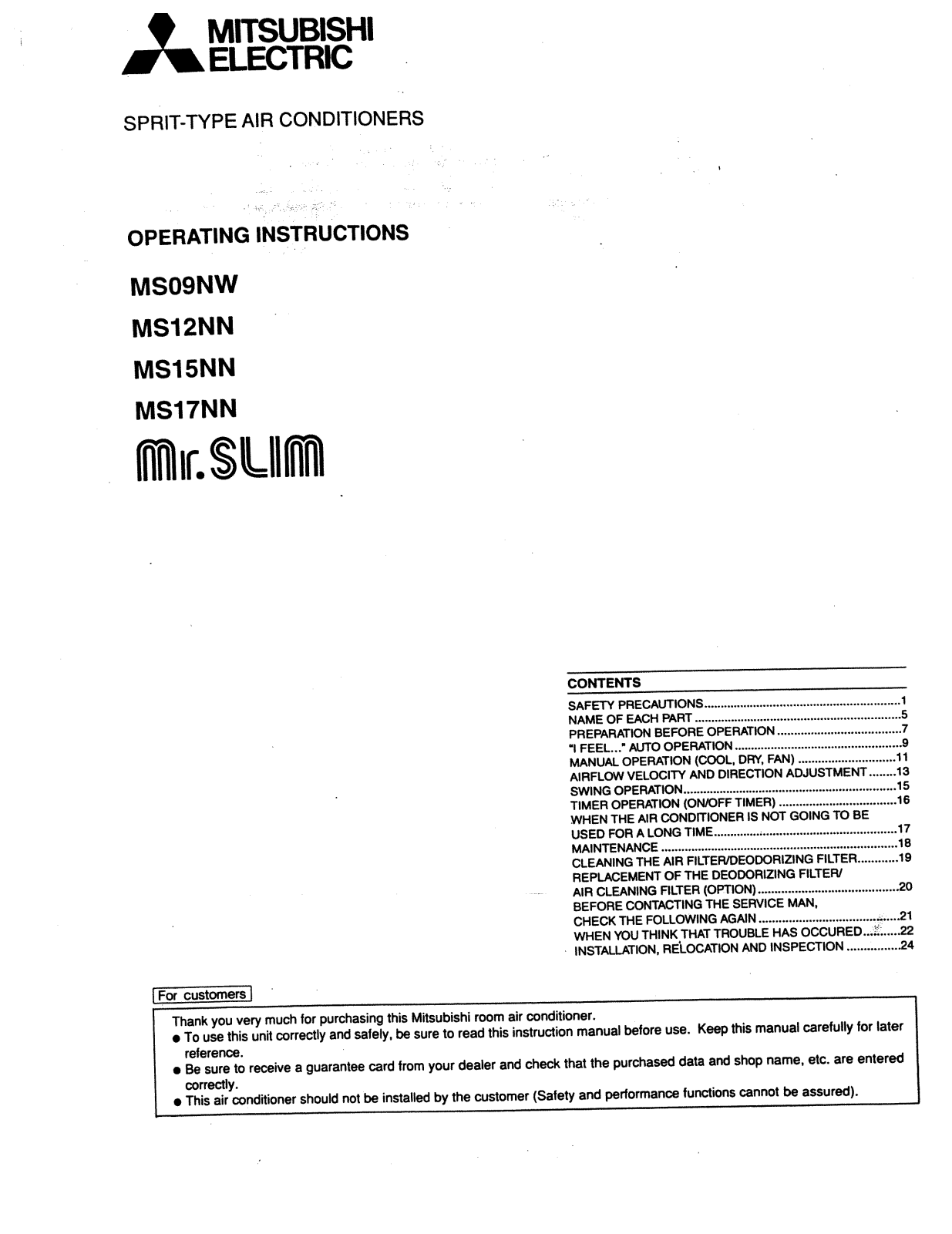 Mitsubishi MS17NN, MS15NN, MS12NN, MS09NW Owner’s Manual