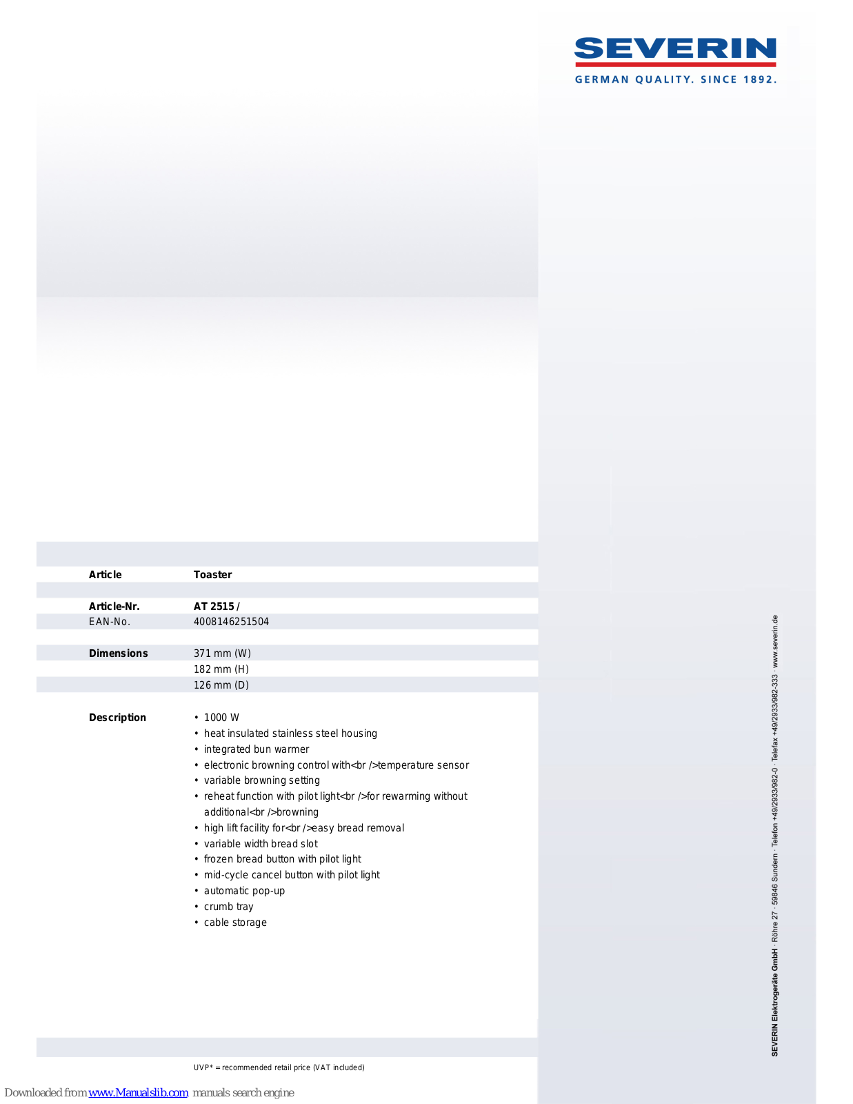 SEVERIN AT 2515, TOASTER - DATASHEET 2 Dimensions