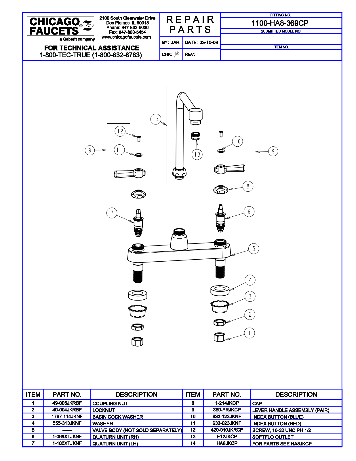 Chicago Faucet 1100-HA8-369 Parts List