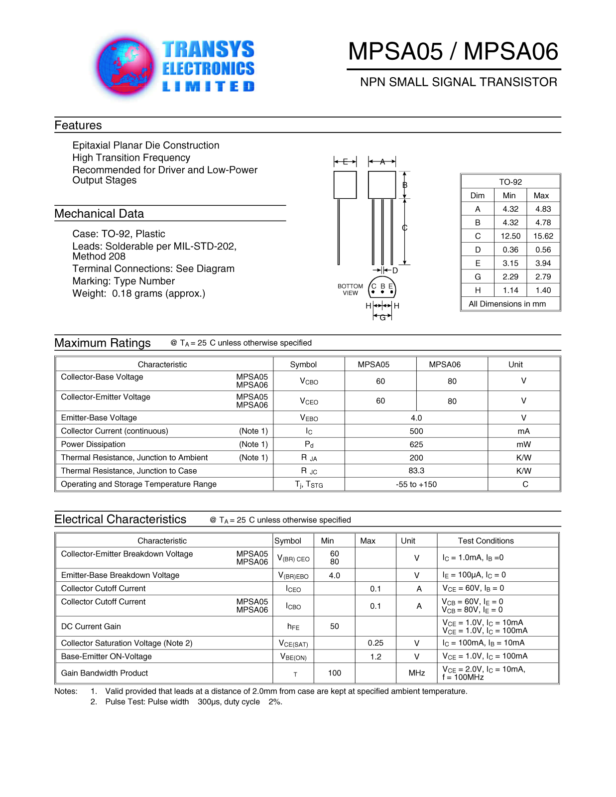 TEL MPSA06, MPSA05 Datasheet