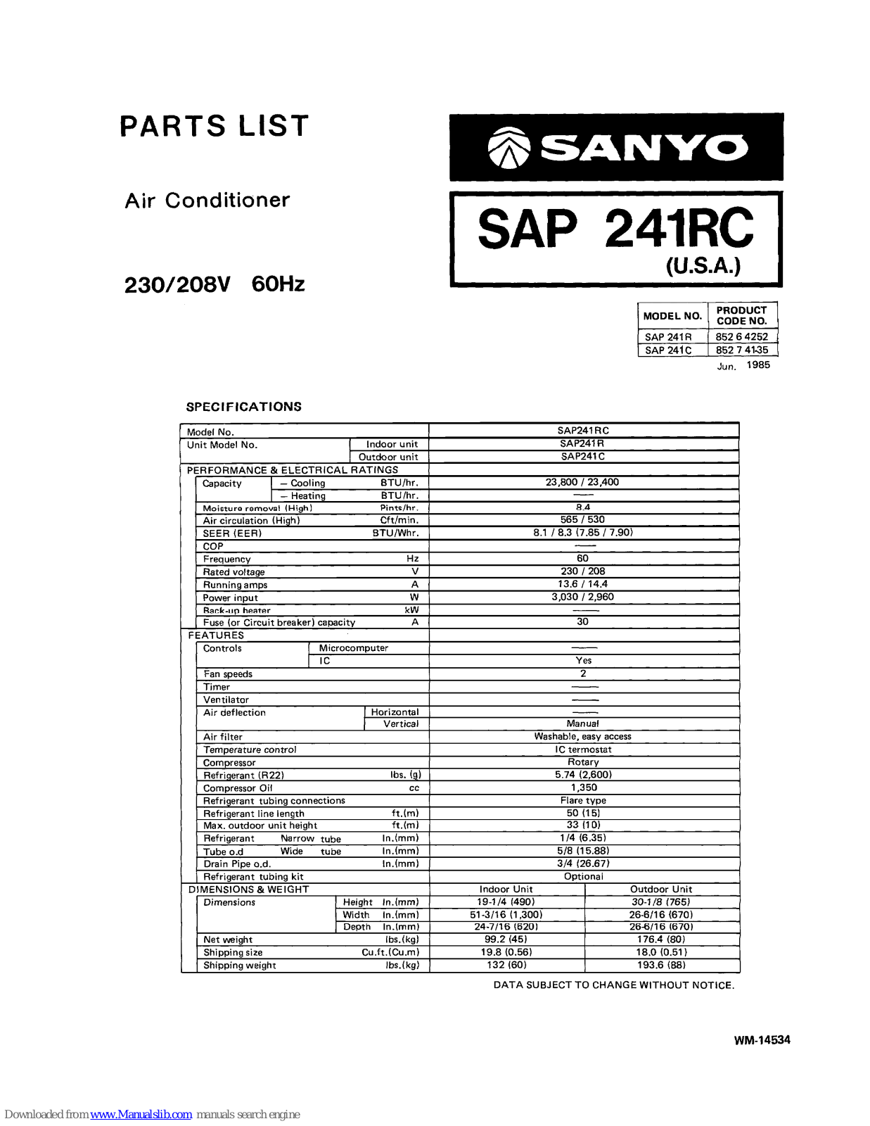 Sanyo SAP 241RC,SAP 241RC Parts List